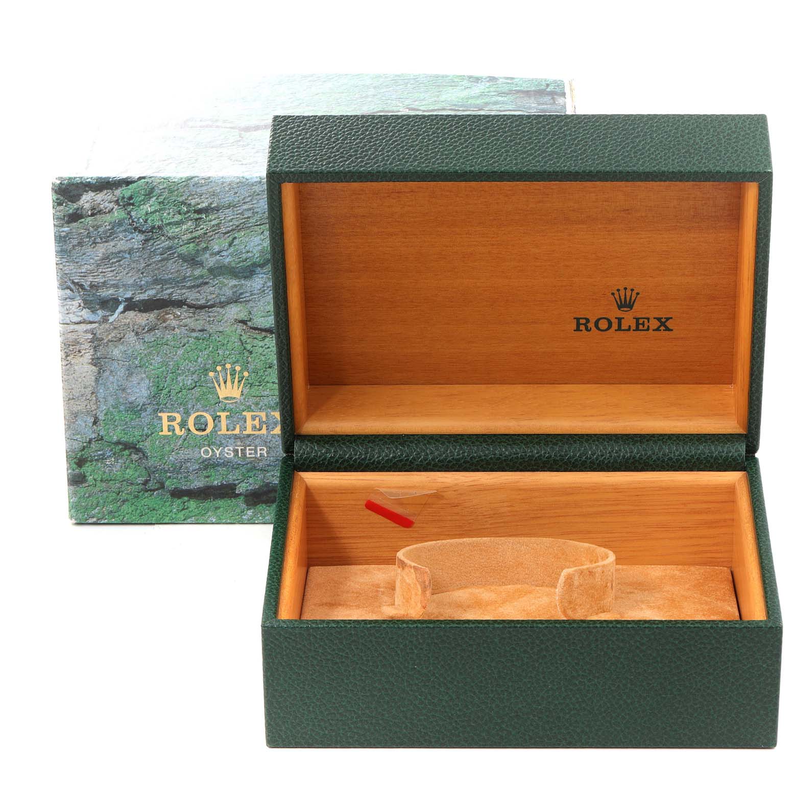 The image shows an open Rolex Explorer 16570 Men's Stainless Steel White Dial 16570 Men's Stainless Steel White Dial watch box and its outer box set from a front angle.