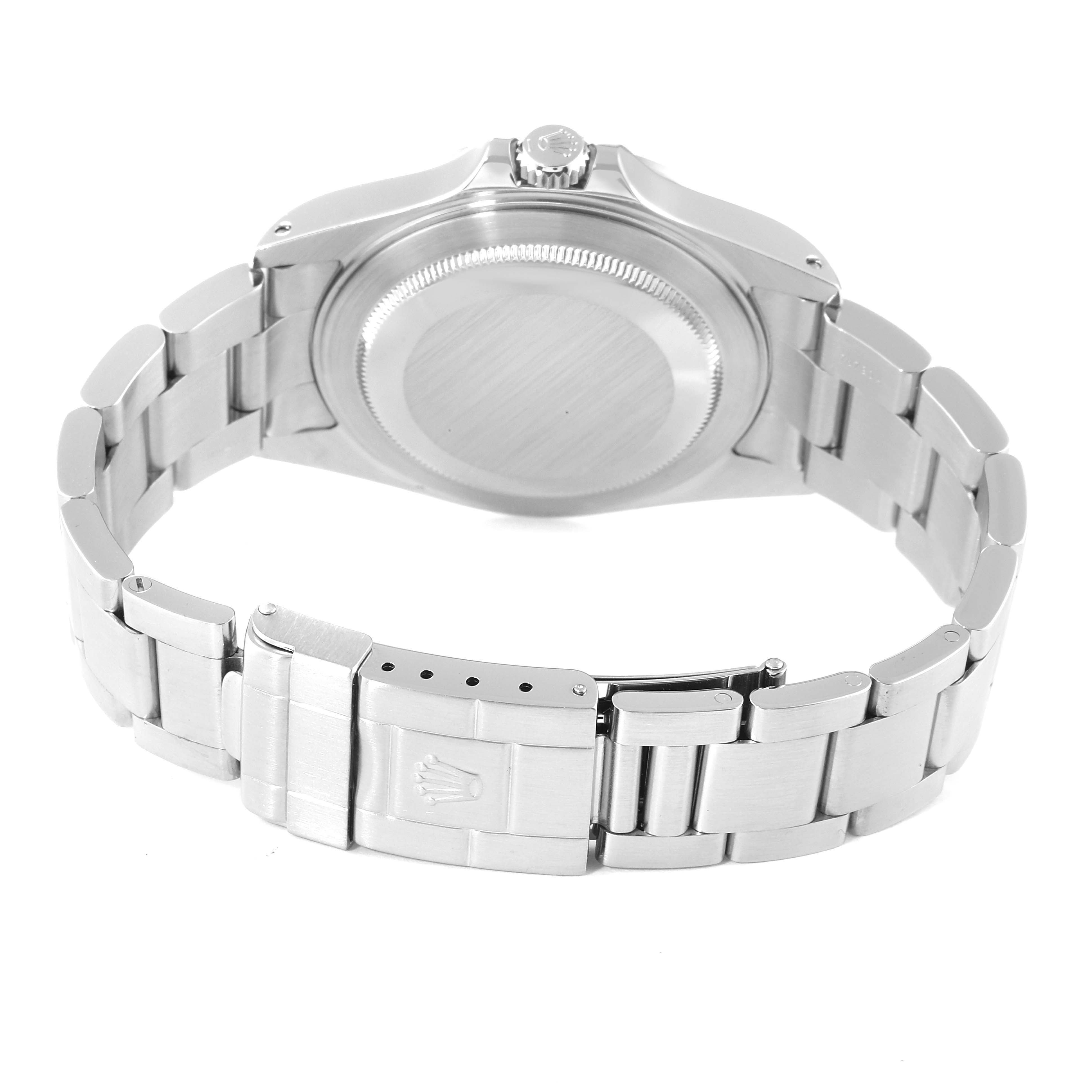This image shows the back view of the Rolex Explorer 16570 Men's Stainless Steel White Dial 16570 Men's Stainless Steel White Dial watch, highlighting the case back and bracelet with clasp.