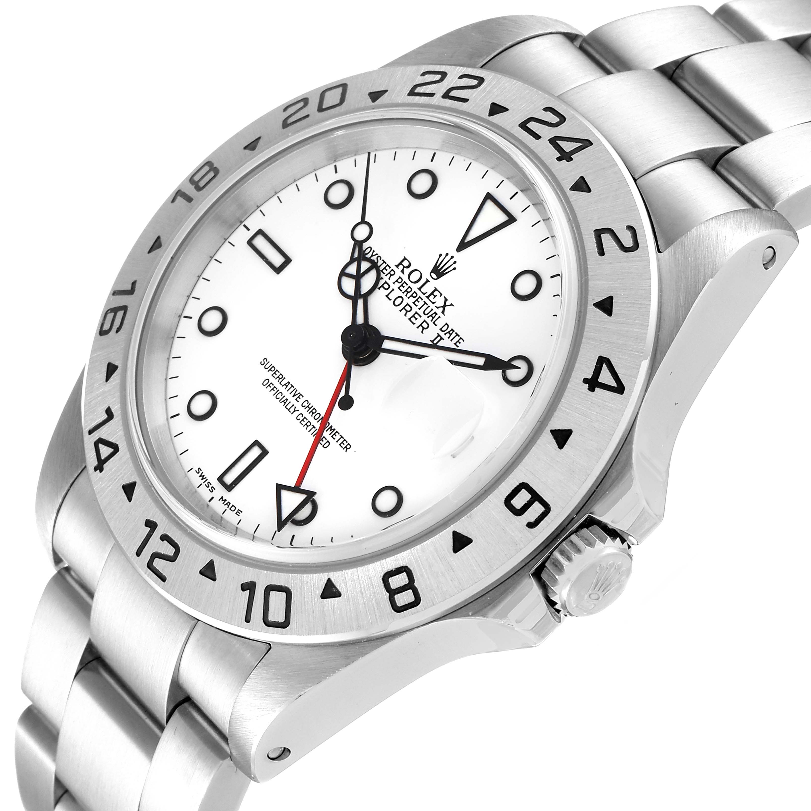 This image shows a close-up angled view of the face and bezel of a Rolex Explorer 16570 Men's Stainless Steel White Dial 16570 Men's Stainless Steel White Dial watch with a stainless steel band.