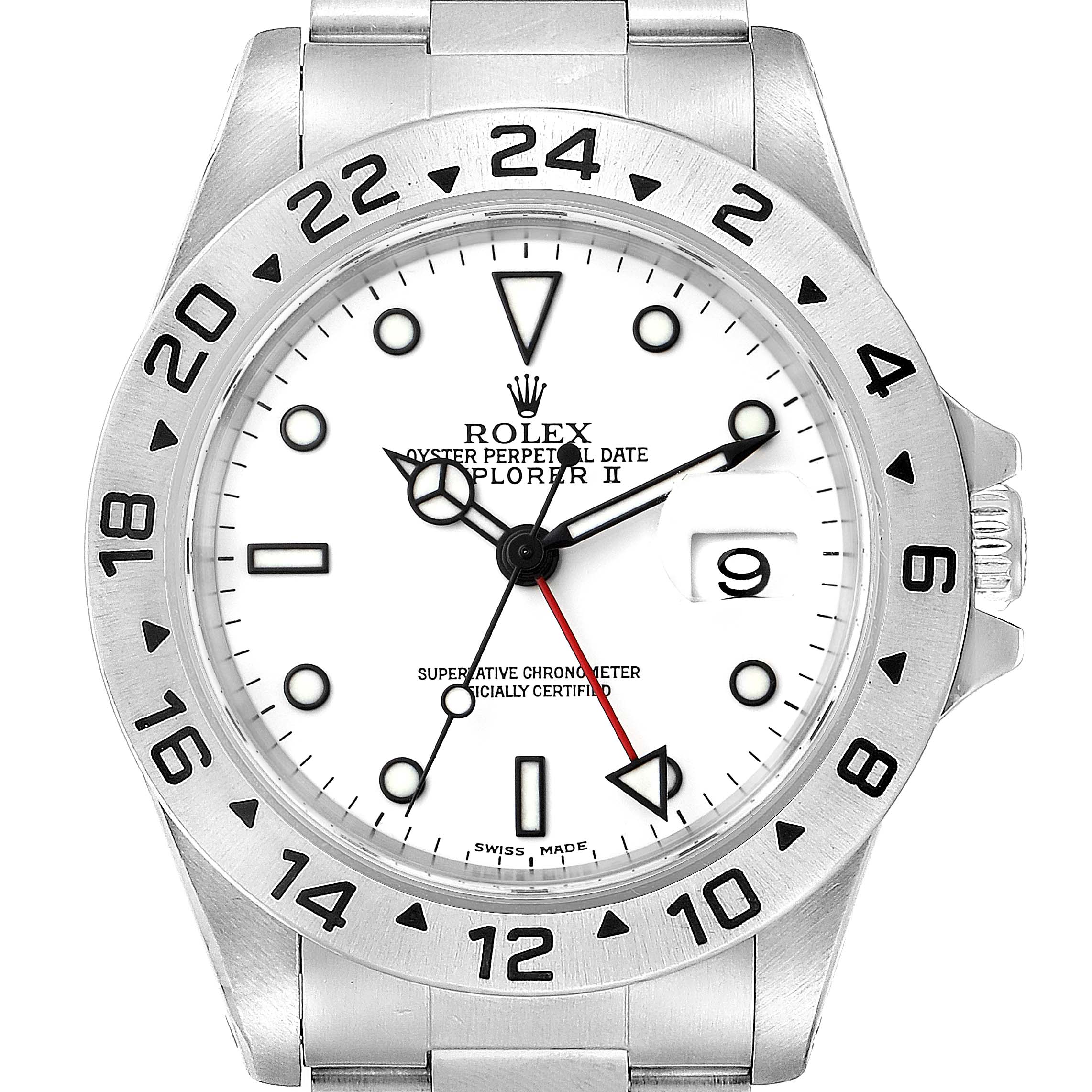 This image shows the front face of a Rolex Explorer 16570 Men's Stainless Steel White Dial 16570 Men's Stainless Steel White Dial watch, highlighting its dial, hands, and bezel.