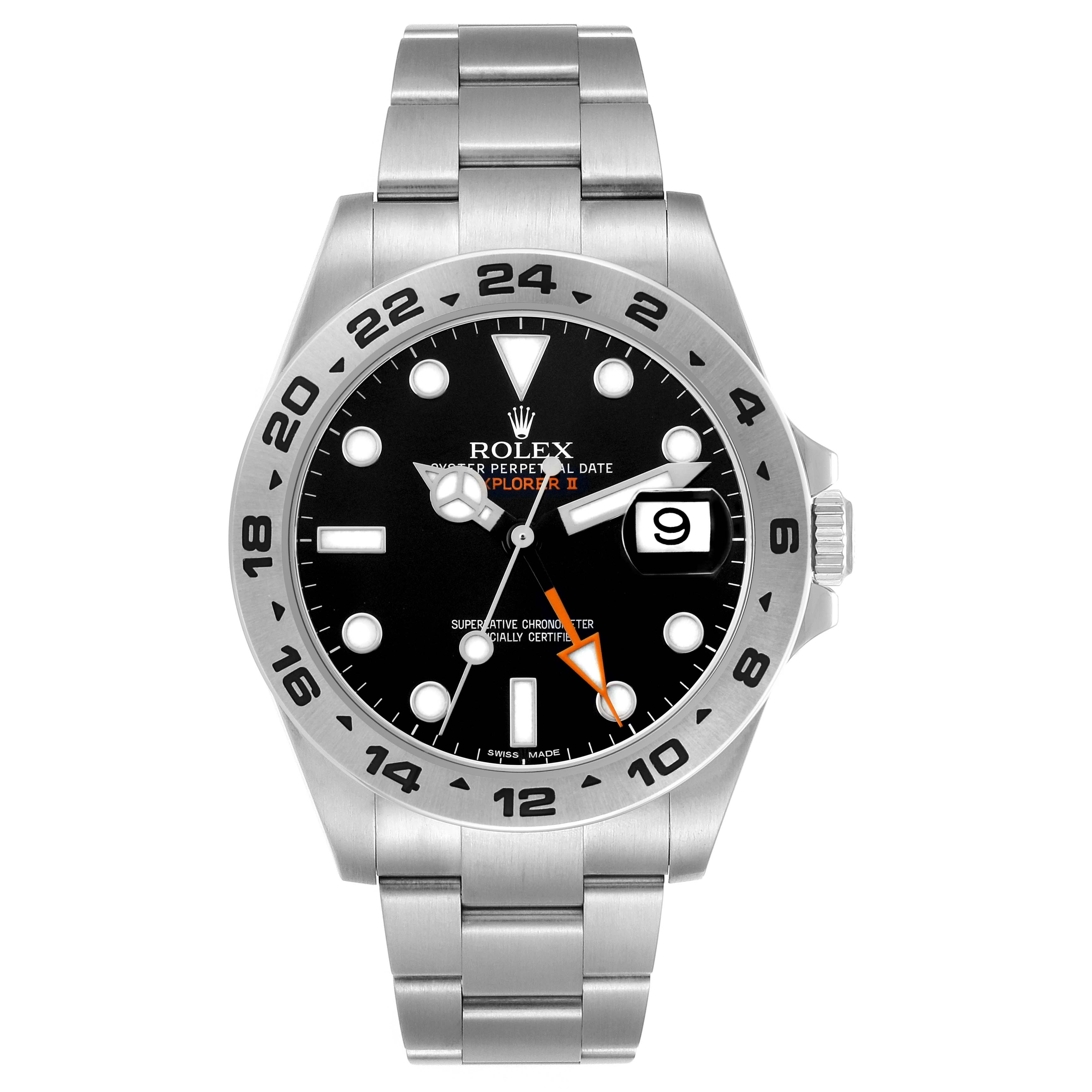 The Rolex Oyster Perpetual 216570 Men's Stainless Steel Black Dial is shown from the front, displaying the dial, bezel, hands, and bracelet.