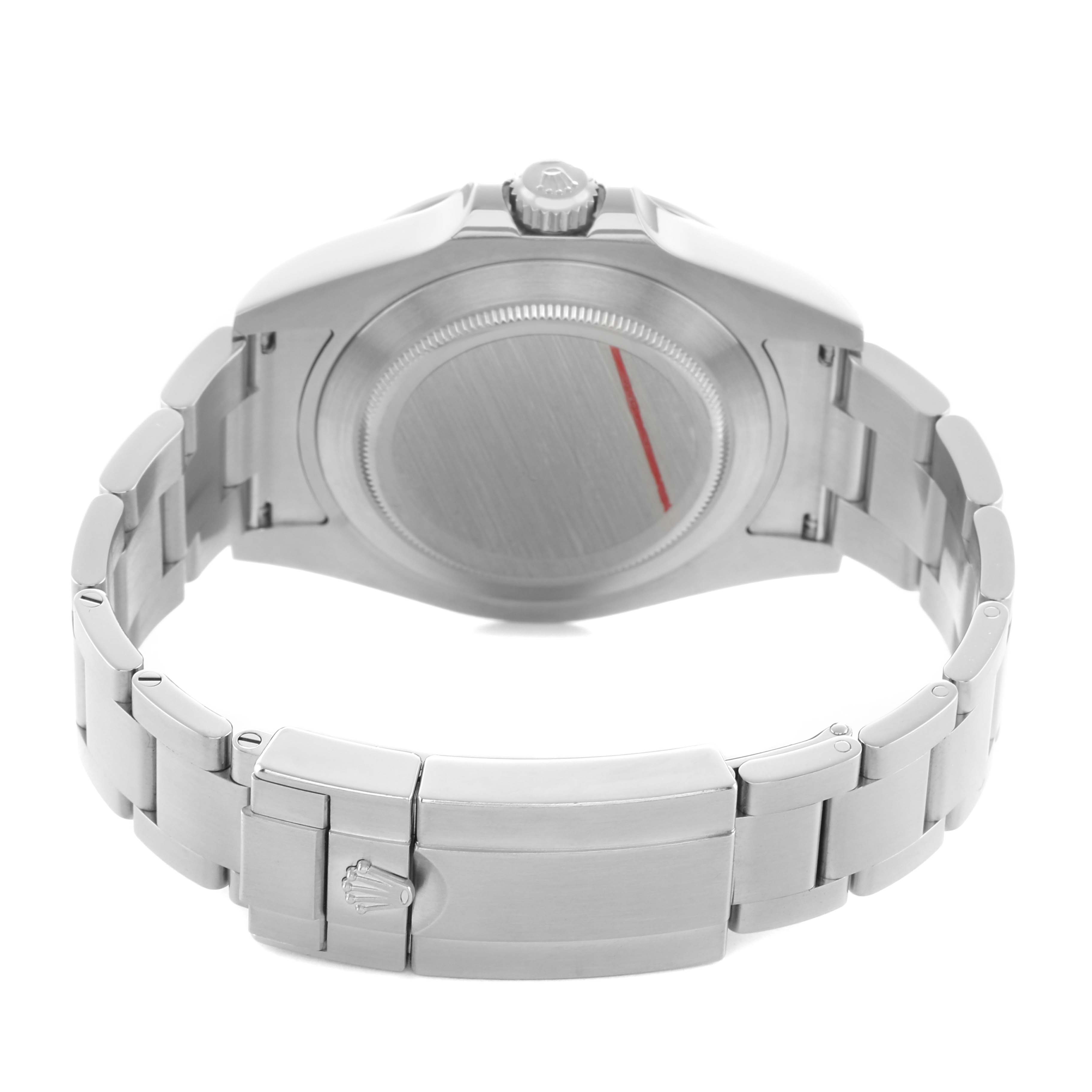 The image shows the back view of a Rolex Oyster Perpetual 216570 Men's Stainless Steel Black Dial, highlighting its case back, bracelet, and clasp.