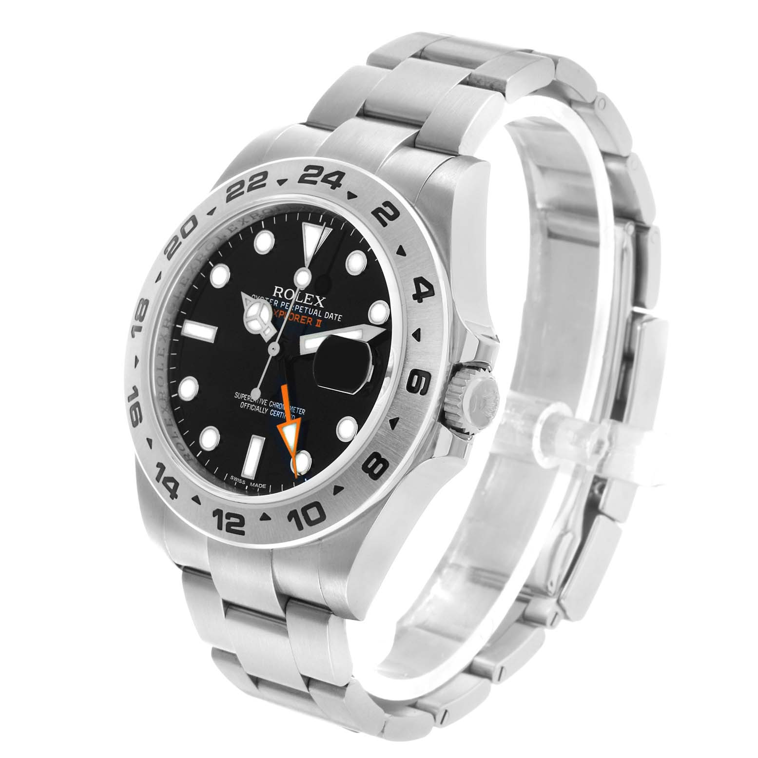 The Rolex Oyster Perpetual 216570 Men's Stainless Steel Black Dial watch is shown at a three-quarter angle, displaying the face, bezel, crown, and part of the bracelet.