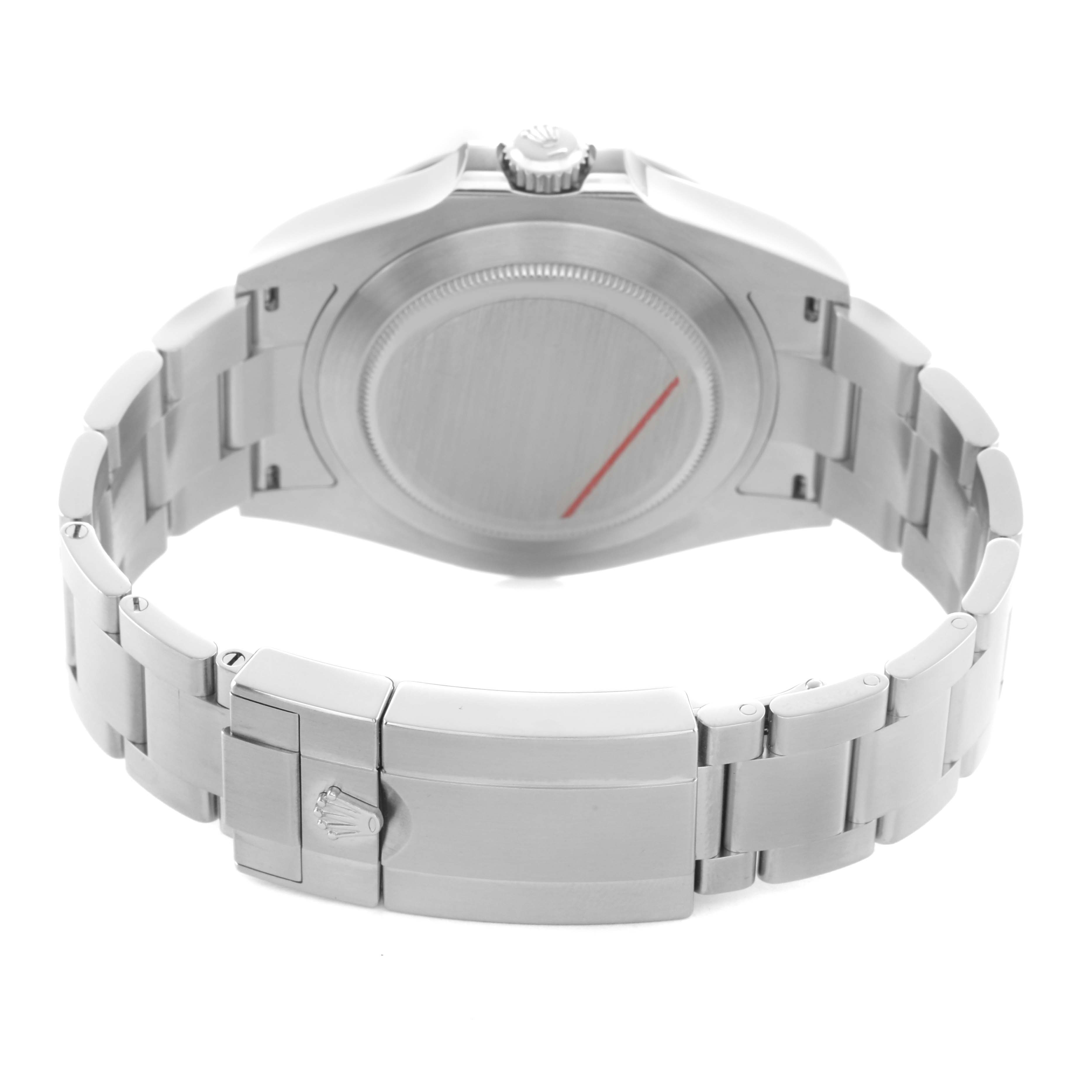 The image shows the back view of a Rolex Explorer 226570 Men's Stainless Steel Black Dial, highlighting the case back, bracelet, and clasp.