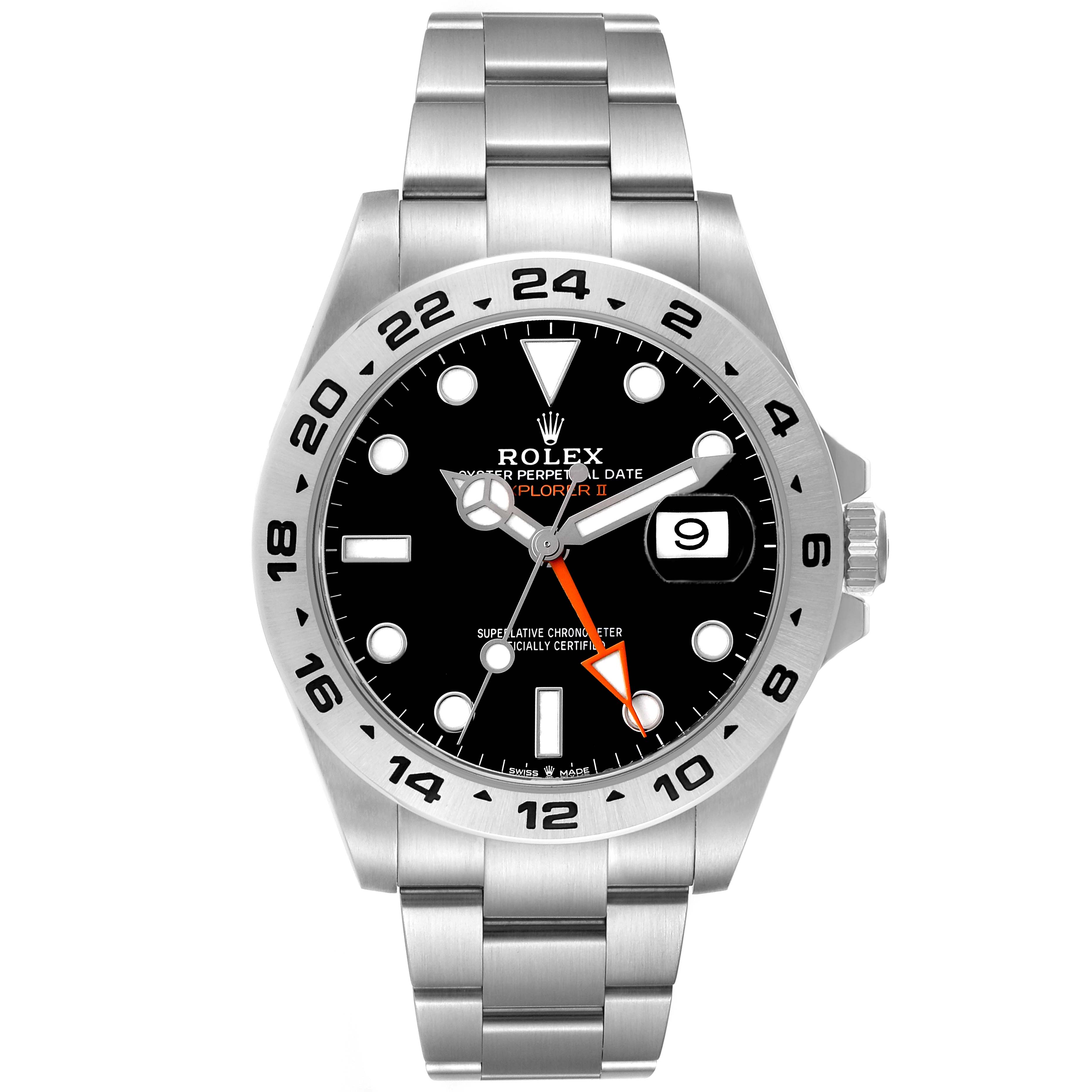 The Rolex Explorer 226570 Men's Stainless Steel Black Dial model is shown from a frontal view, highlighting the dial, bezel, crown, and bracelet.