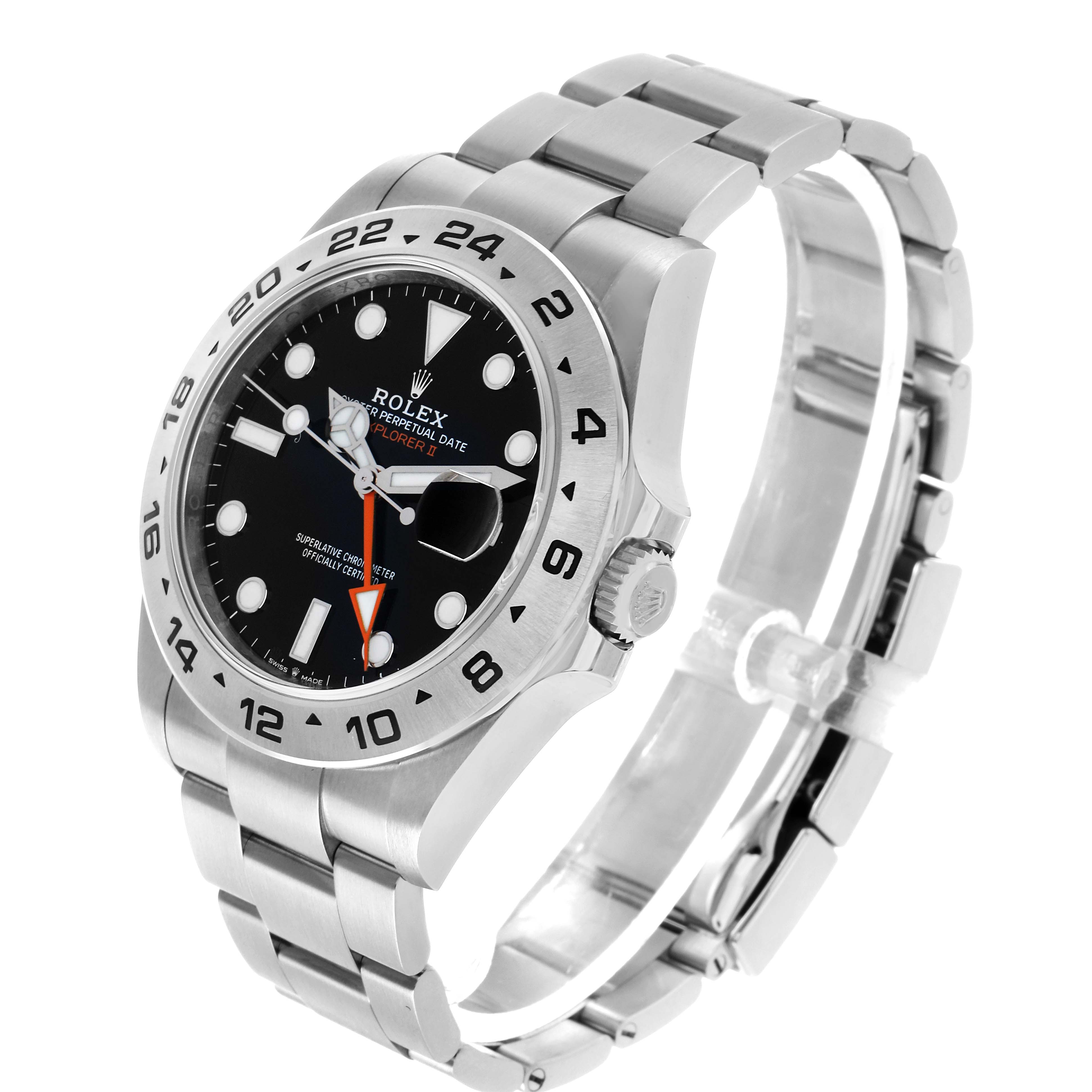 The Rolex Explorer 226570 Men's Stainless Steel Black Dial watch is shown at a three-quarter angle, highlighting the face, bezel, crown, and bracelet.