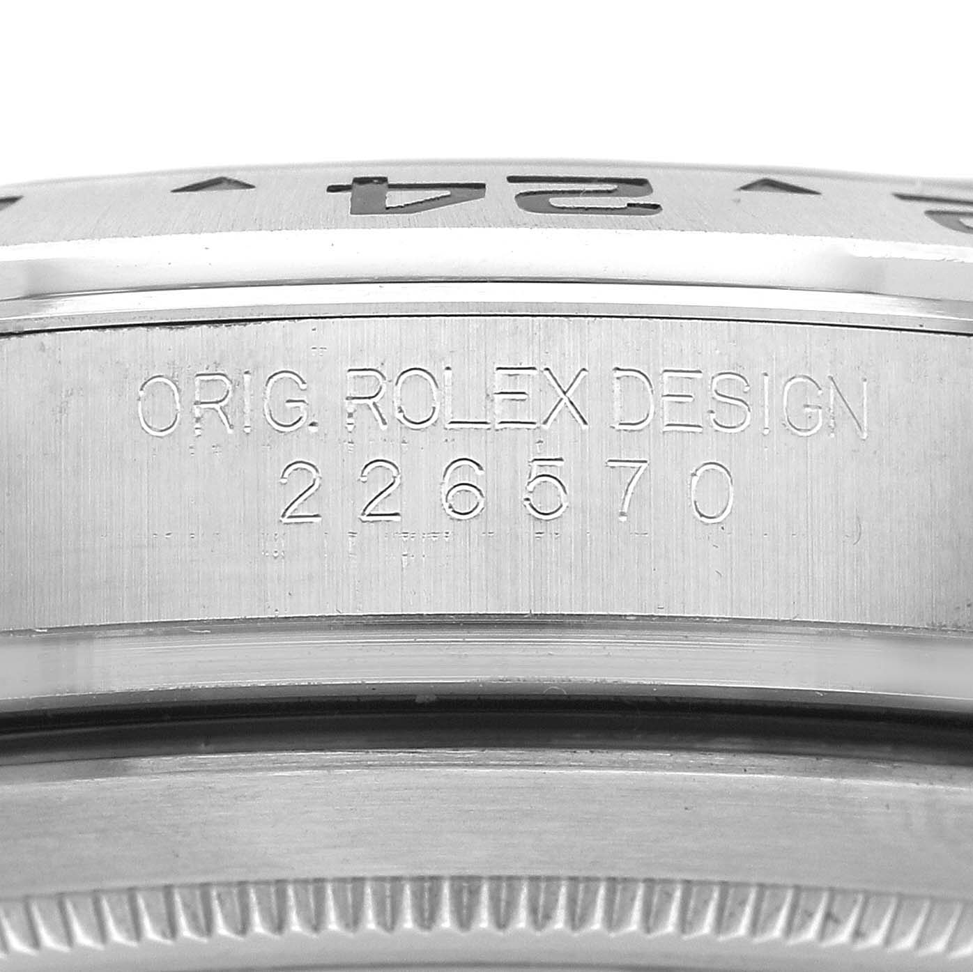 The image shows a close-up of the case side of a Rolex Explorer 226570 Men's Stainless Steel Black Dial, highlighting the model number engraving.