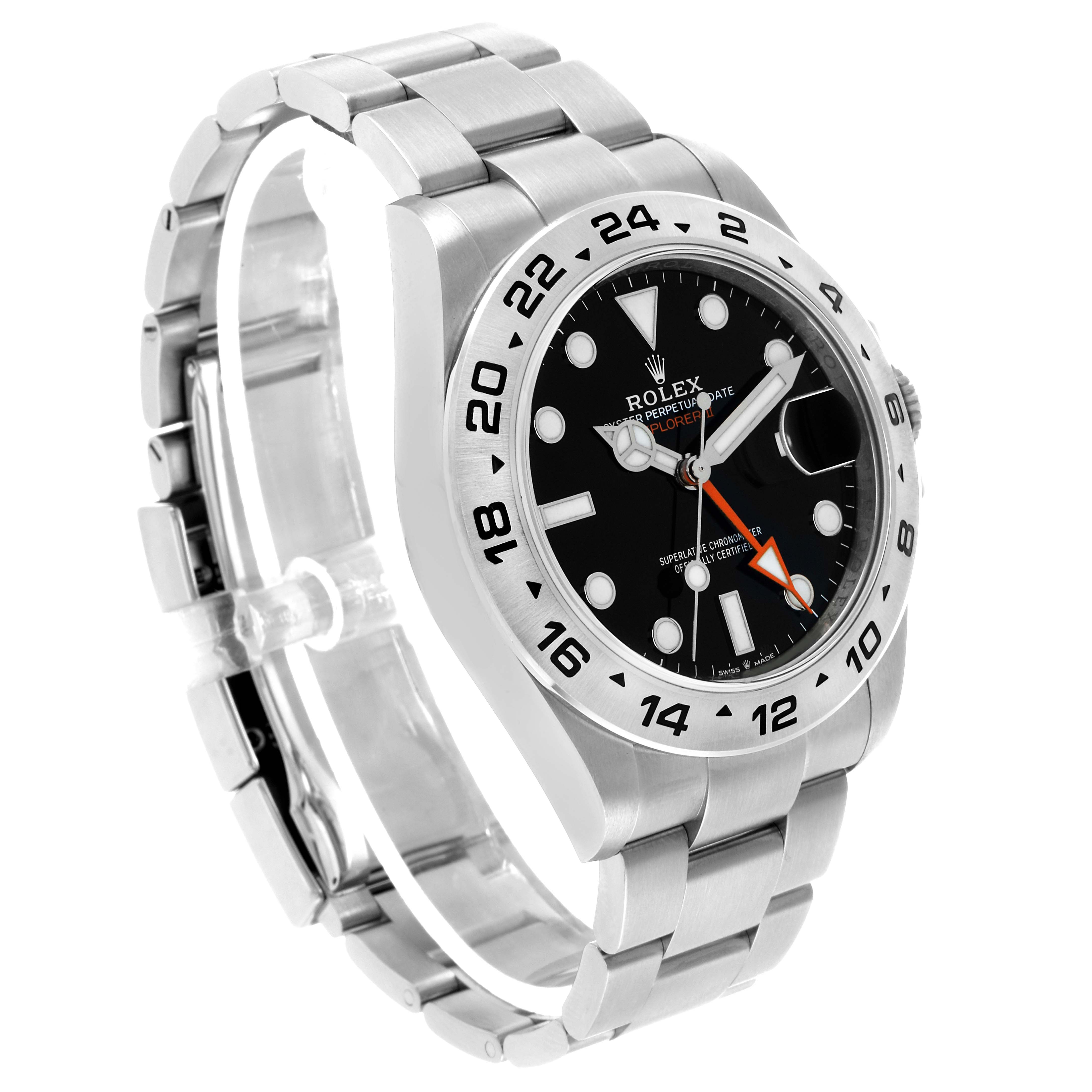The Rolex Explorer 226570 Men's Stainless Steel Black Dial watch is shown at a three-quarter angle showcasing the dial, bezel, and stainless steel bracelet.