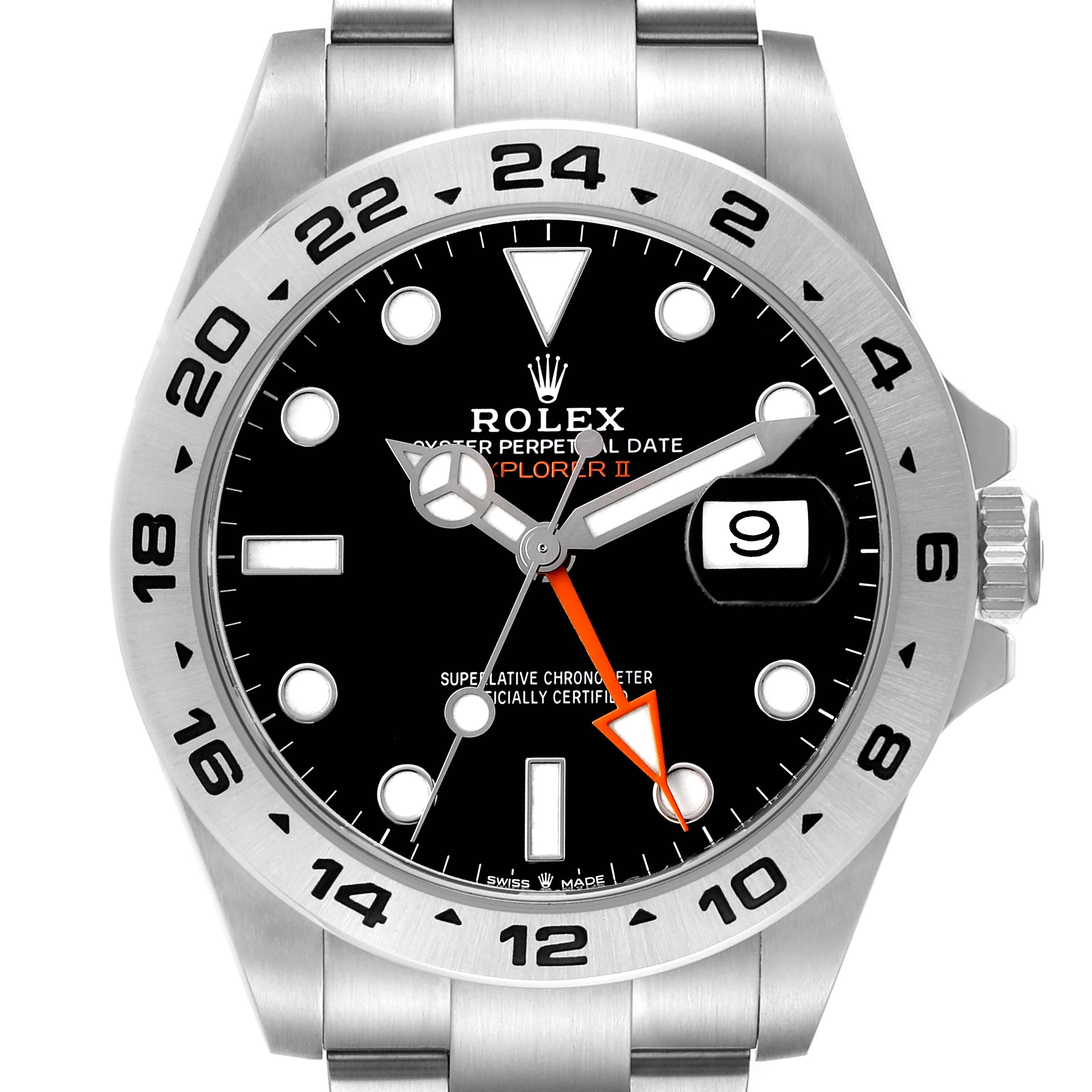 The Rolex Explorer 226570 Men's Stainless Steel Black Dial watch is shown from a front angle, displaying its face, bezel, and part of the bracelet.