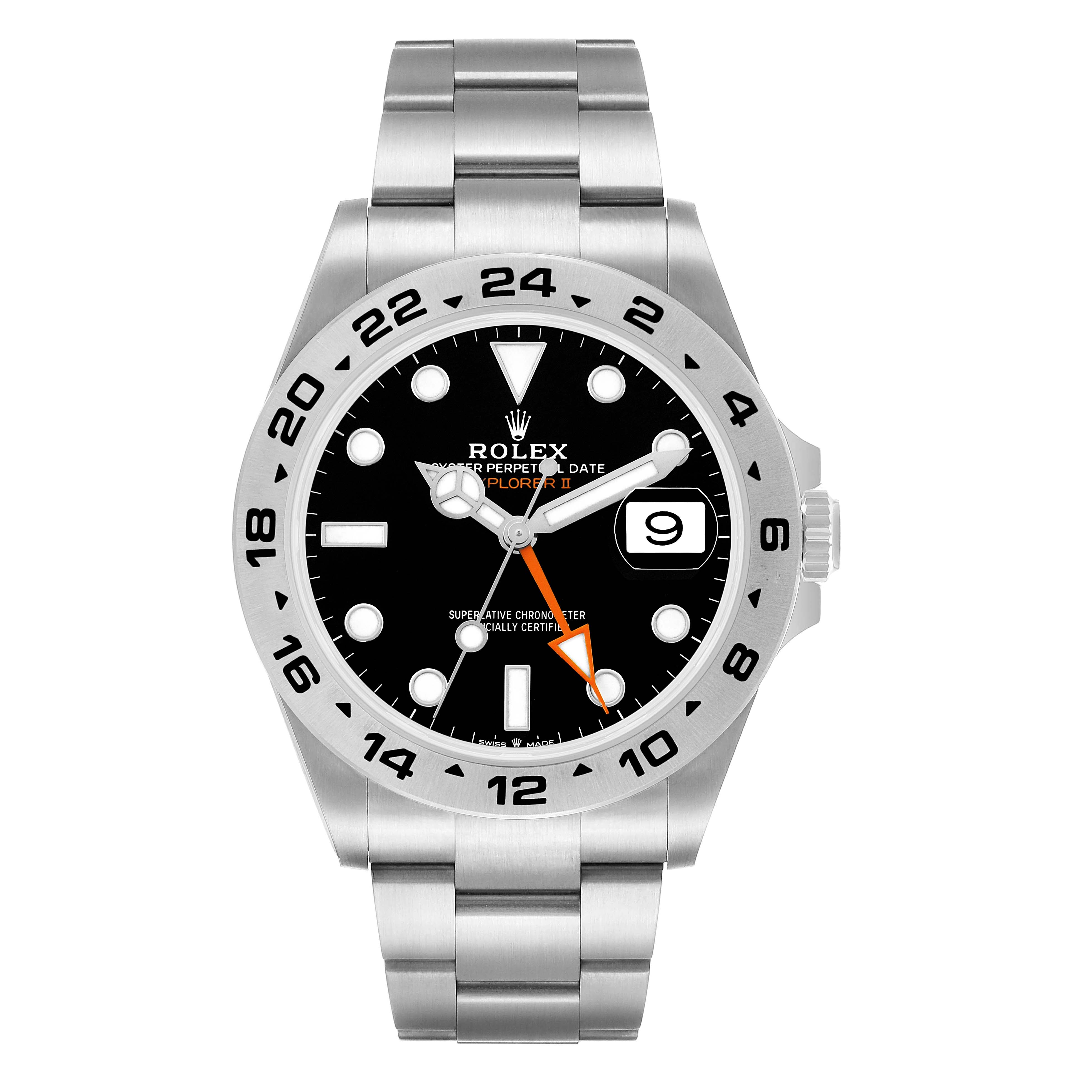 The Rolex Explorer 226570 Men's Stainless Steel Black Dial model is shown from the front, displaying the dial, bezel, date window, and bracelet.