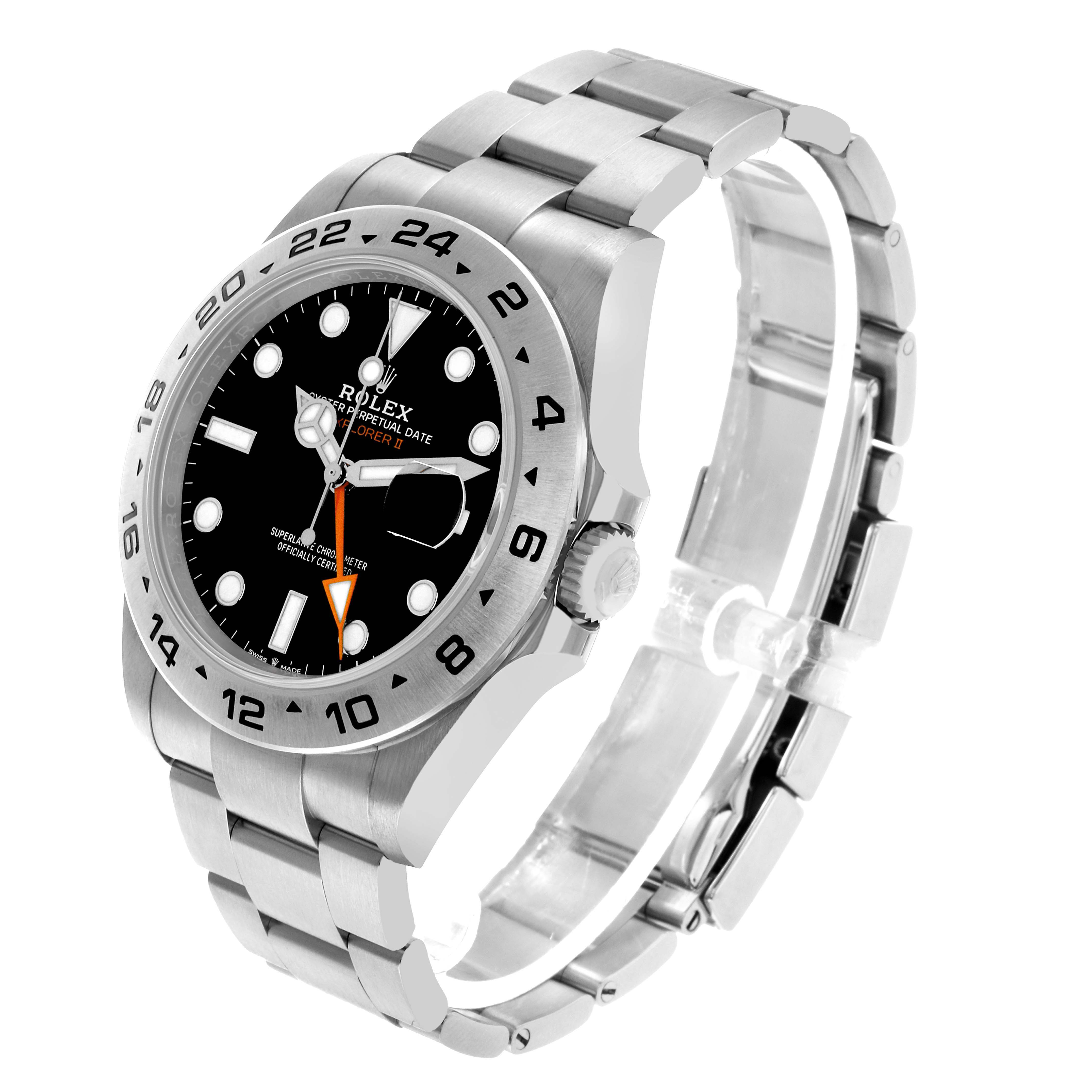 The Rolex Explorer 226570 Men's Stainless Steel Black Dial watch is shown at a three-quarters angle, displaying the face, bezel, and bracelet.