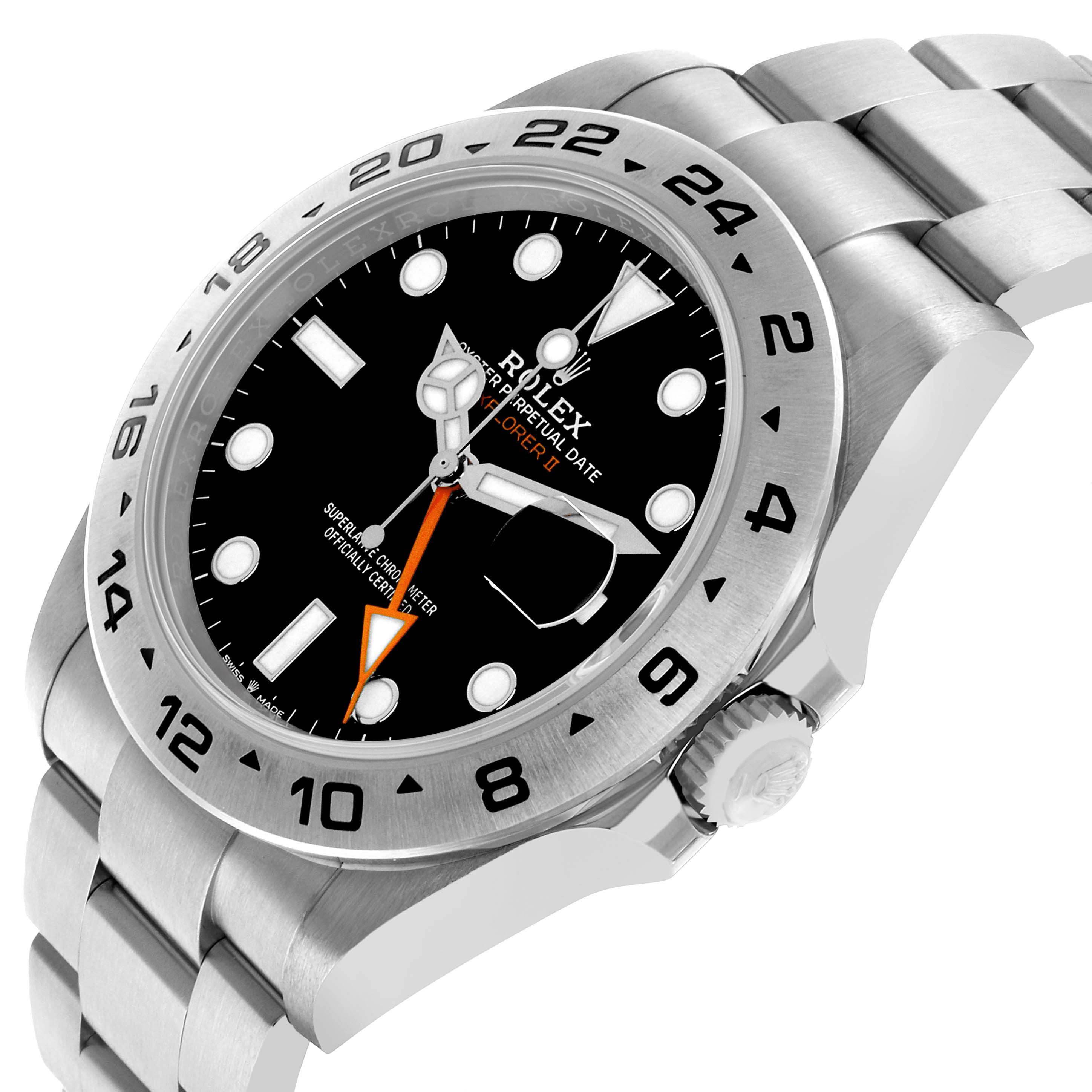 The Rolex Explorer 226570 Men's Stainless Steel Black Dial II watch is shown from a side angle displaying the bezel, crown, and bracelet.