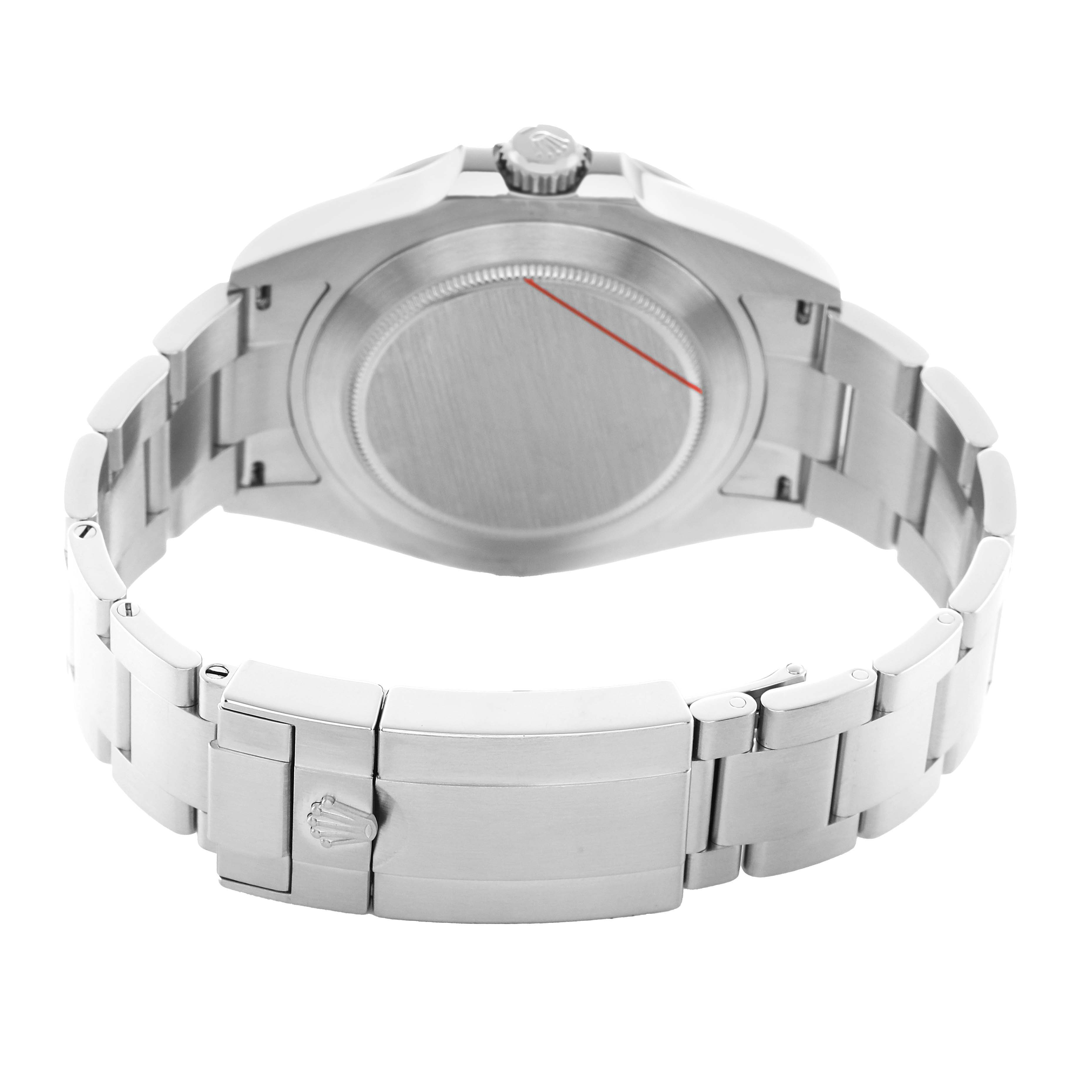 The image shows the back view of a Rolex Explorer 226570 Men's Stainless Steel Black Dial, highlighting the clasp and bracelet design.