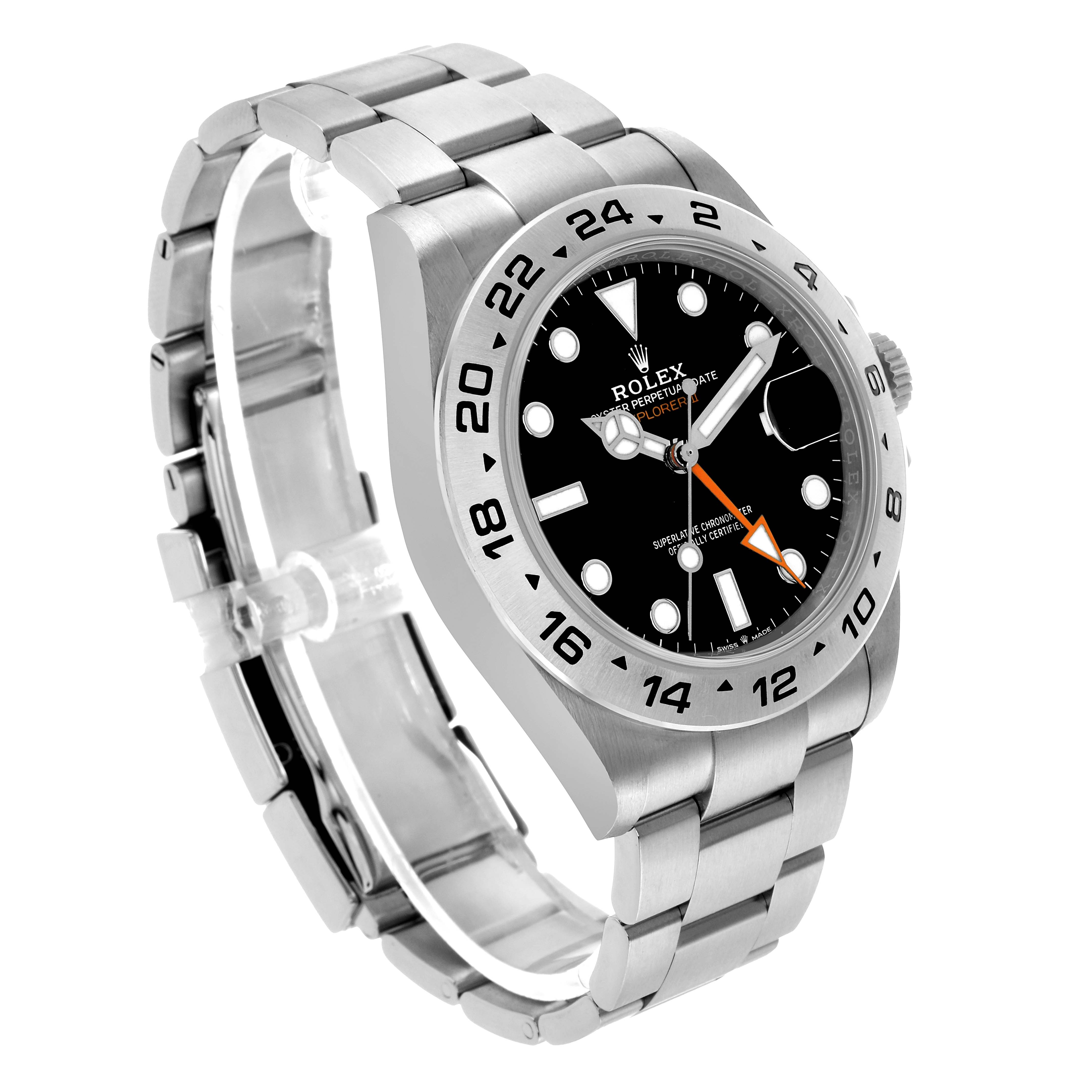 The Rolex Explorer 226570 Men's Stainless Steel Black Dial model is shown at a slight angle, highlighting the bezel, dial, hands, bracelet, and crown.