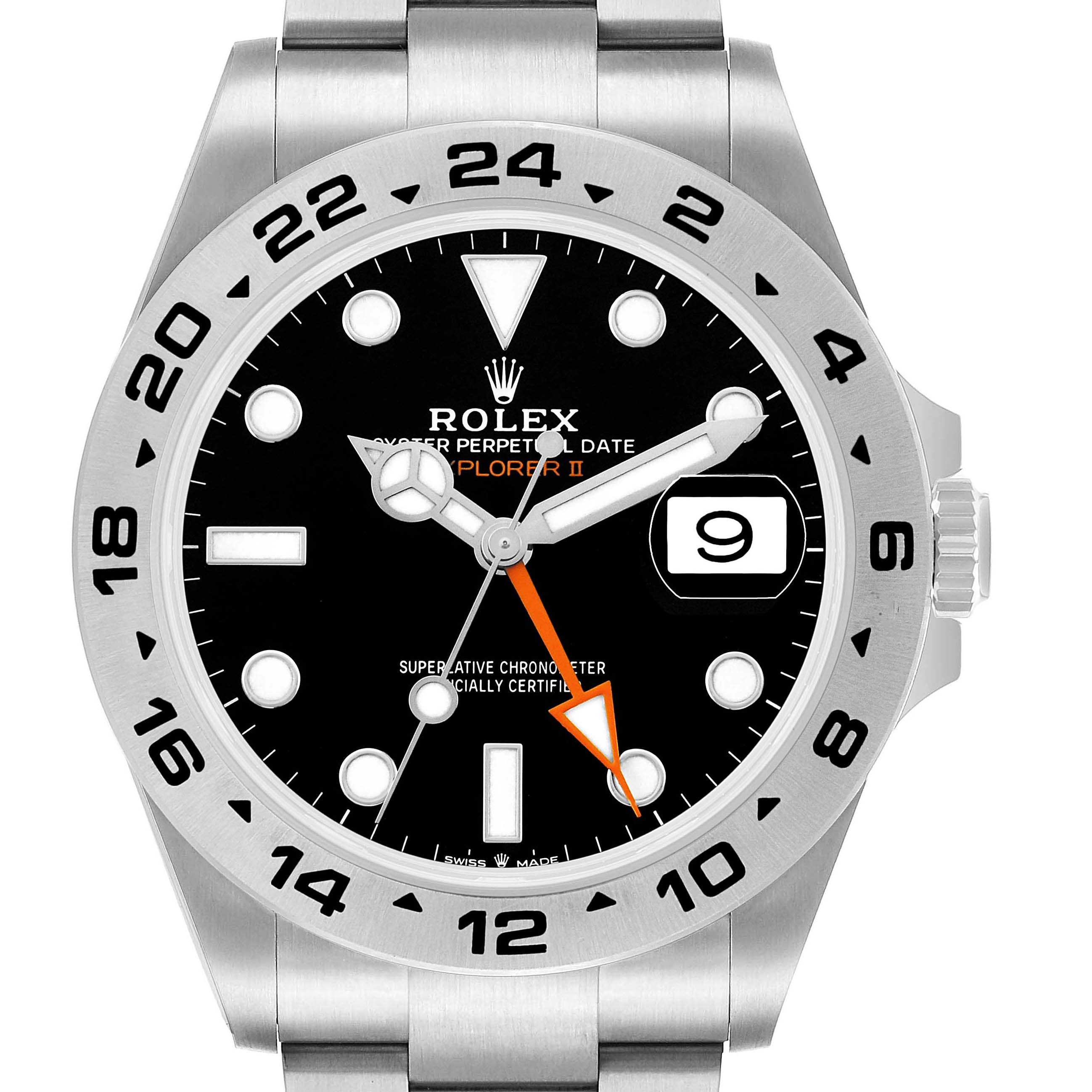 This Rolex Explorer 226570 Men's Stainless Steel Black Dial II watch is shown from the front, displaying its dial, hands, bezel, and bracelet.