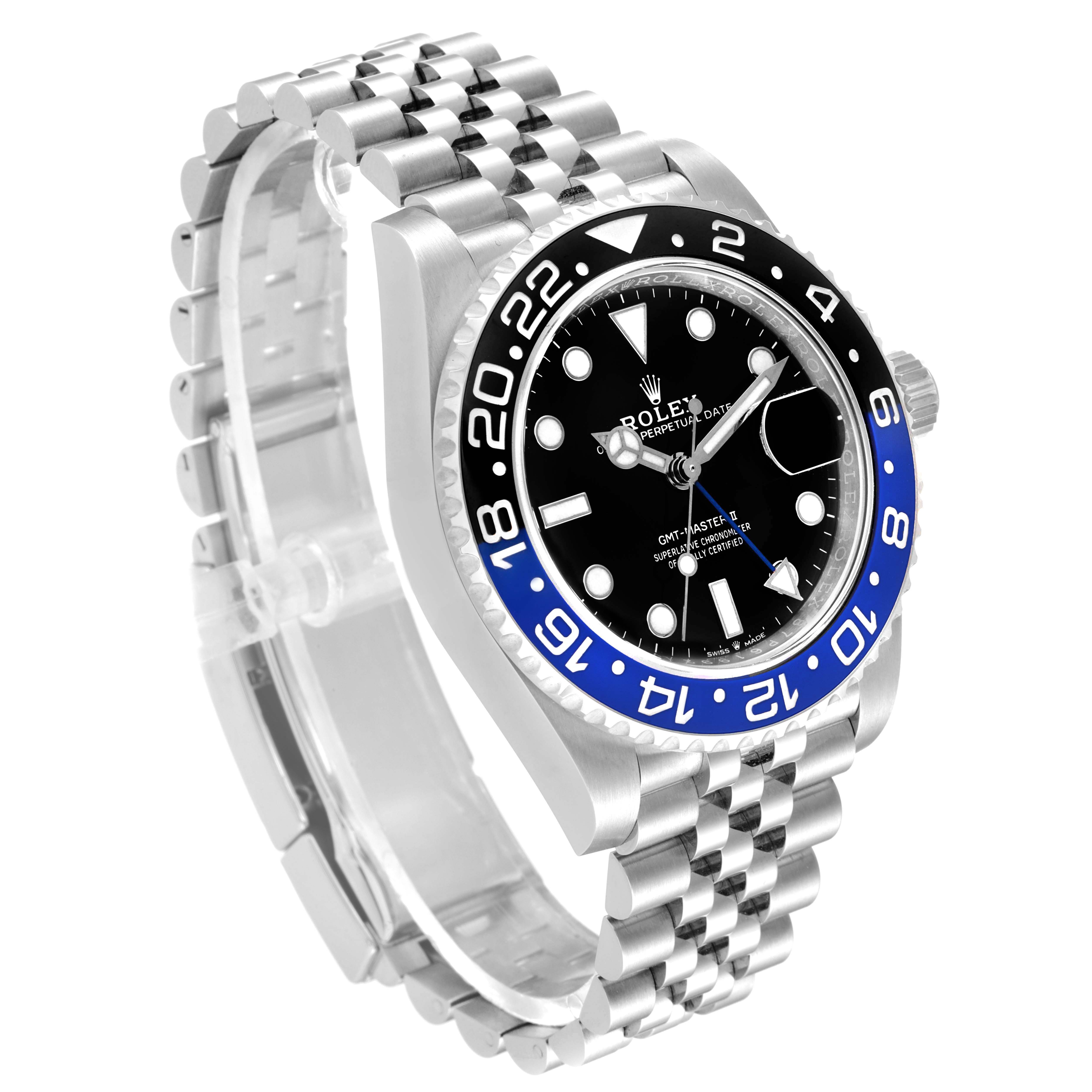 This is a close-up angle of the Rolex GMT-Master 126710 Men's Stainless Steel Black Dial 126710 Men's Stainless Steel Black Dial watch, showing the face, bezel, and bracelet.