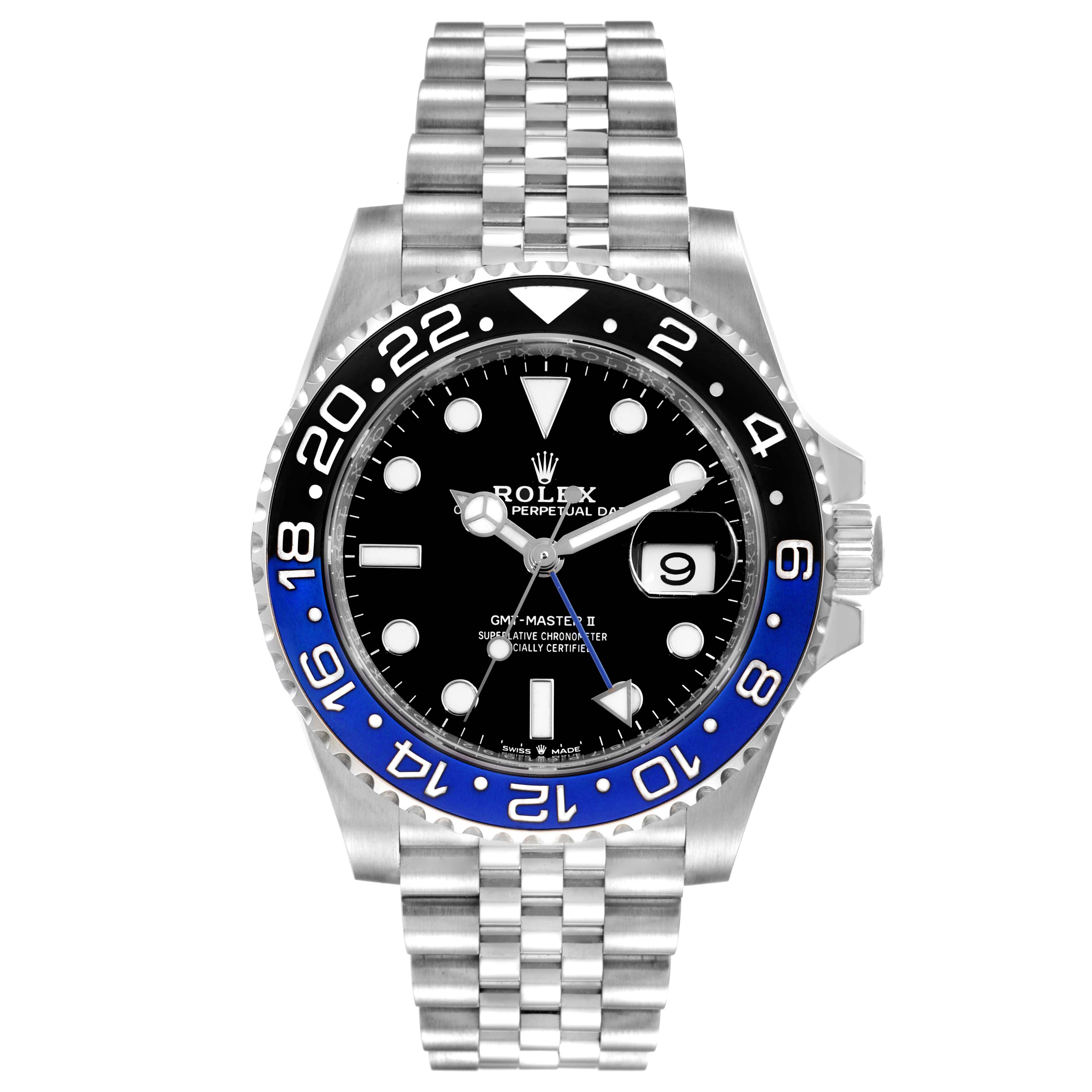 The image shows a front view of the Rolex GMT-Master 126710 Men's Stainless Steel Black Dial 126710 Men's Stainless Steel Black Dial II watch, highlighting its bezel, dial, and bracelet.