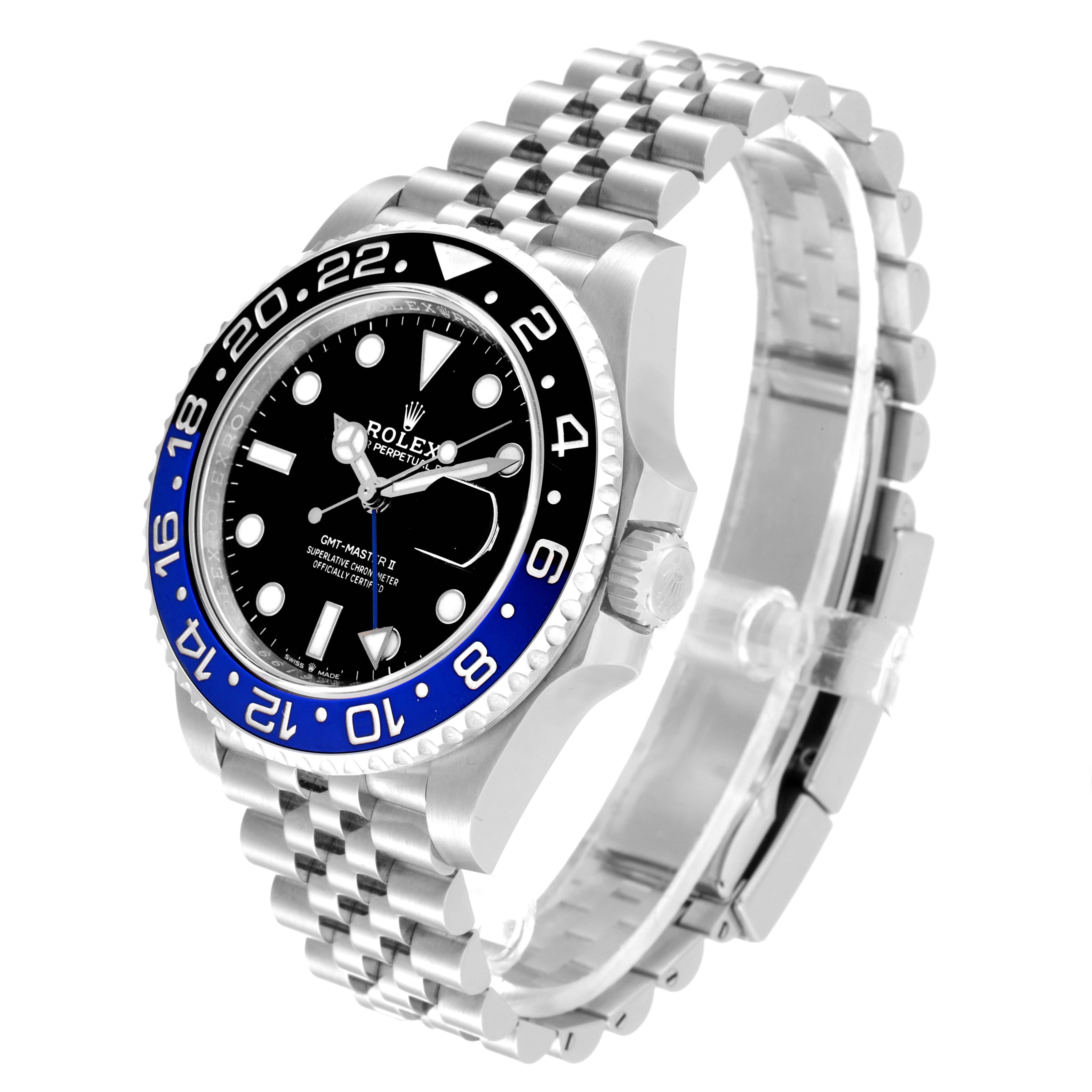 The Rolex GMT-Master 126710 Men's Stainless Steel Black Dial 126710 Men's Stainless Steel Black Dial watch is shown at a slight angle, displaying the face, crown, bezel, and bracelet.