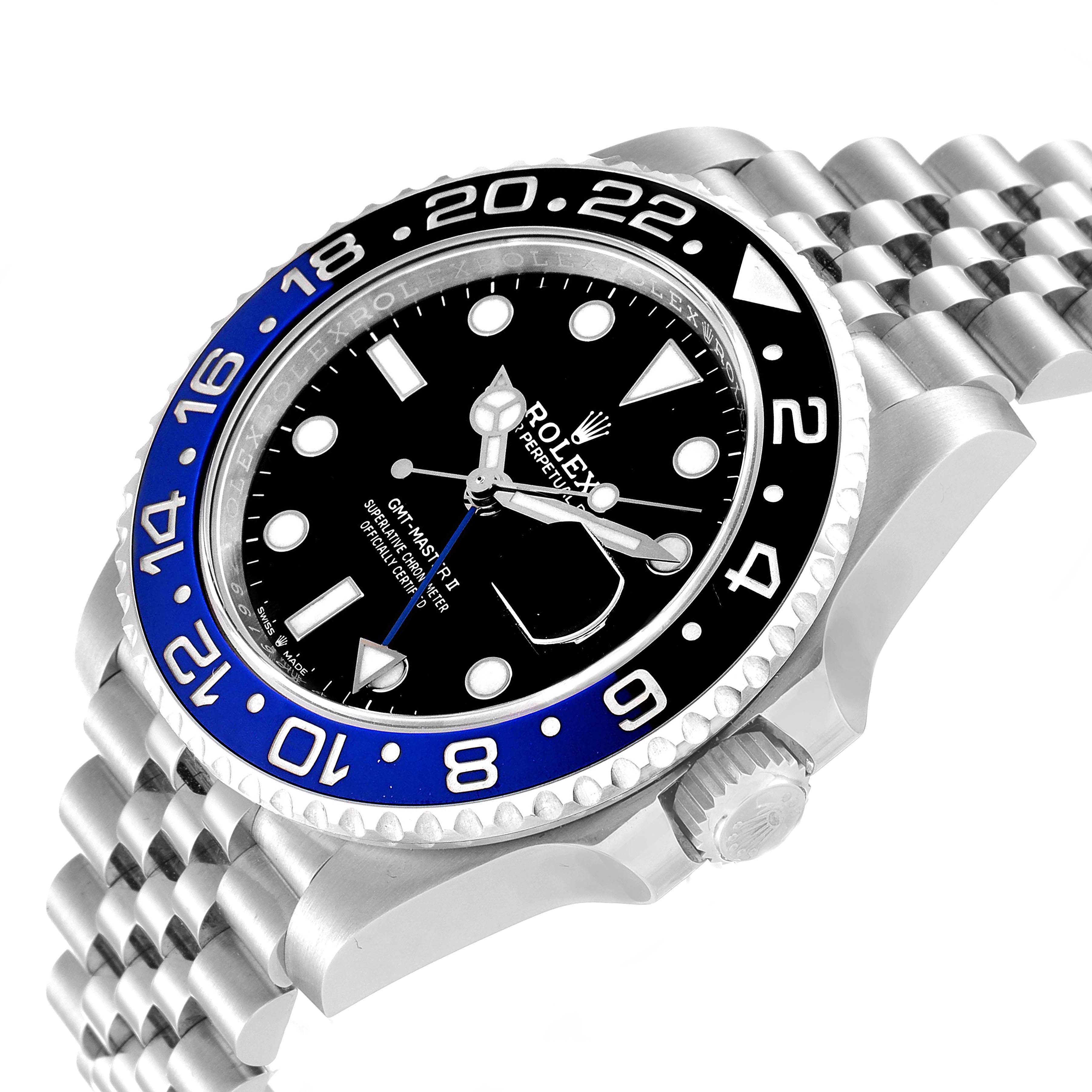 The image shows a close-up angle of a Rolex GMT-Master 126710 Men's Stainless Steel Black Dial 126710 Men's Stainless Steel Black Dial watch, highlighting the bezel, dial, and part of the bracelet.