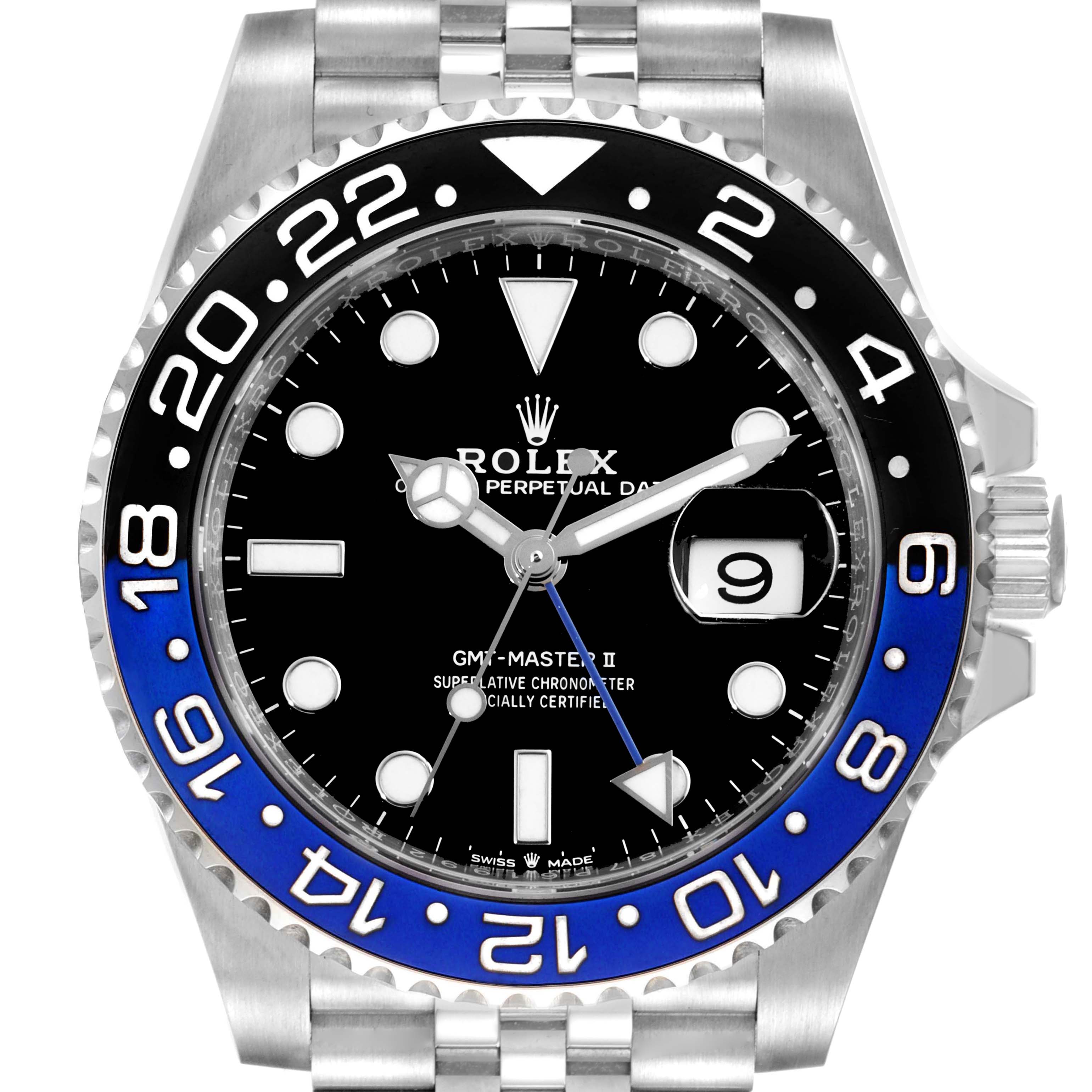 This image shows a front view of a Rolex GMT-Master 126710 Men's Stainless Steel Black Dial 126710 Men's Stainless Steel Black Dial II watch, highlighting its bezel, dial, and bracelet.