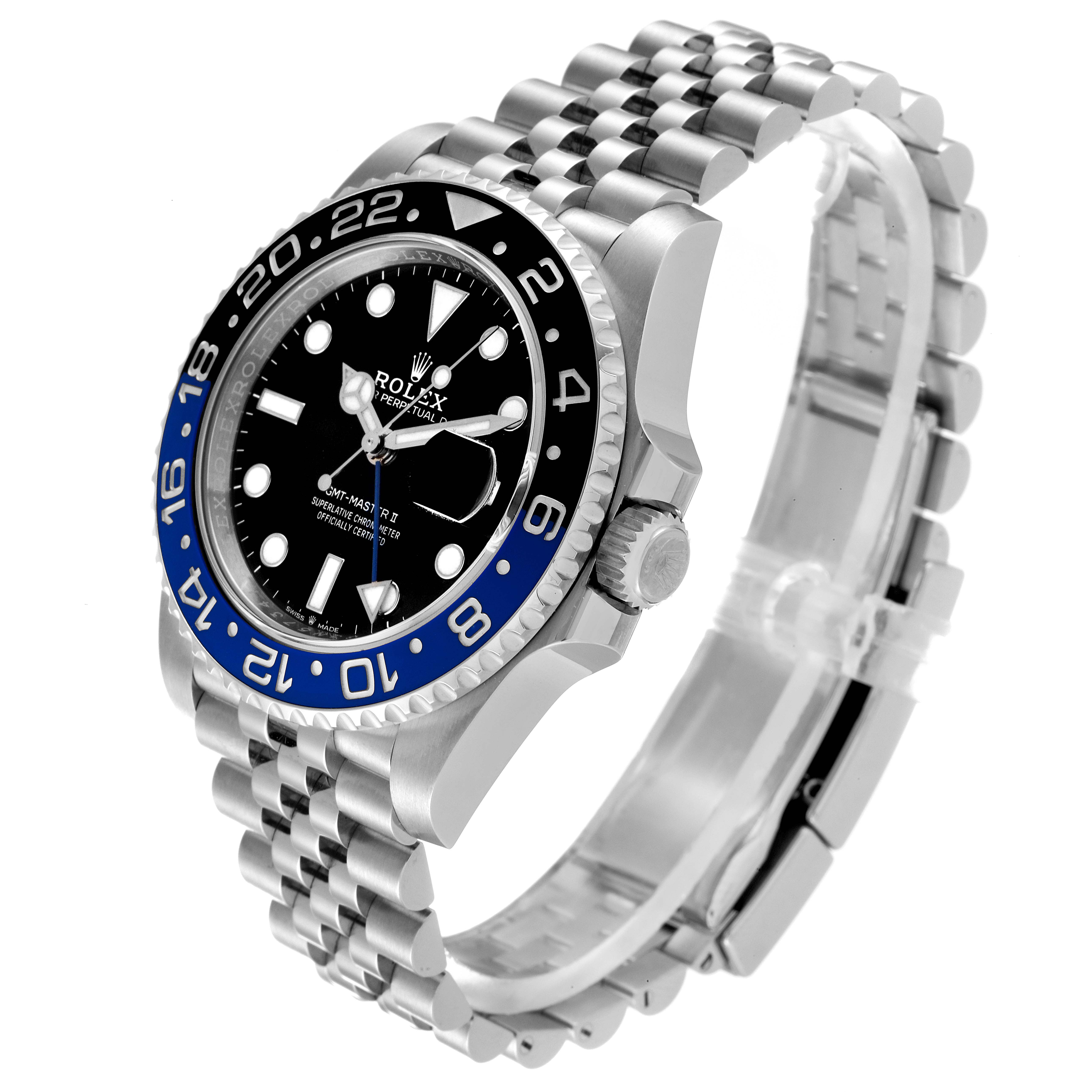 The Rolex GMT-Master 126710 Men's Stainless Steel Black Dial 126710 Men's Stainless Steel Black Dial watch is shown at an angled side view, displaying the bezel, dial, crown, and part of the bracelet.