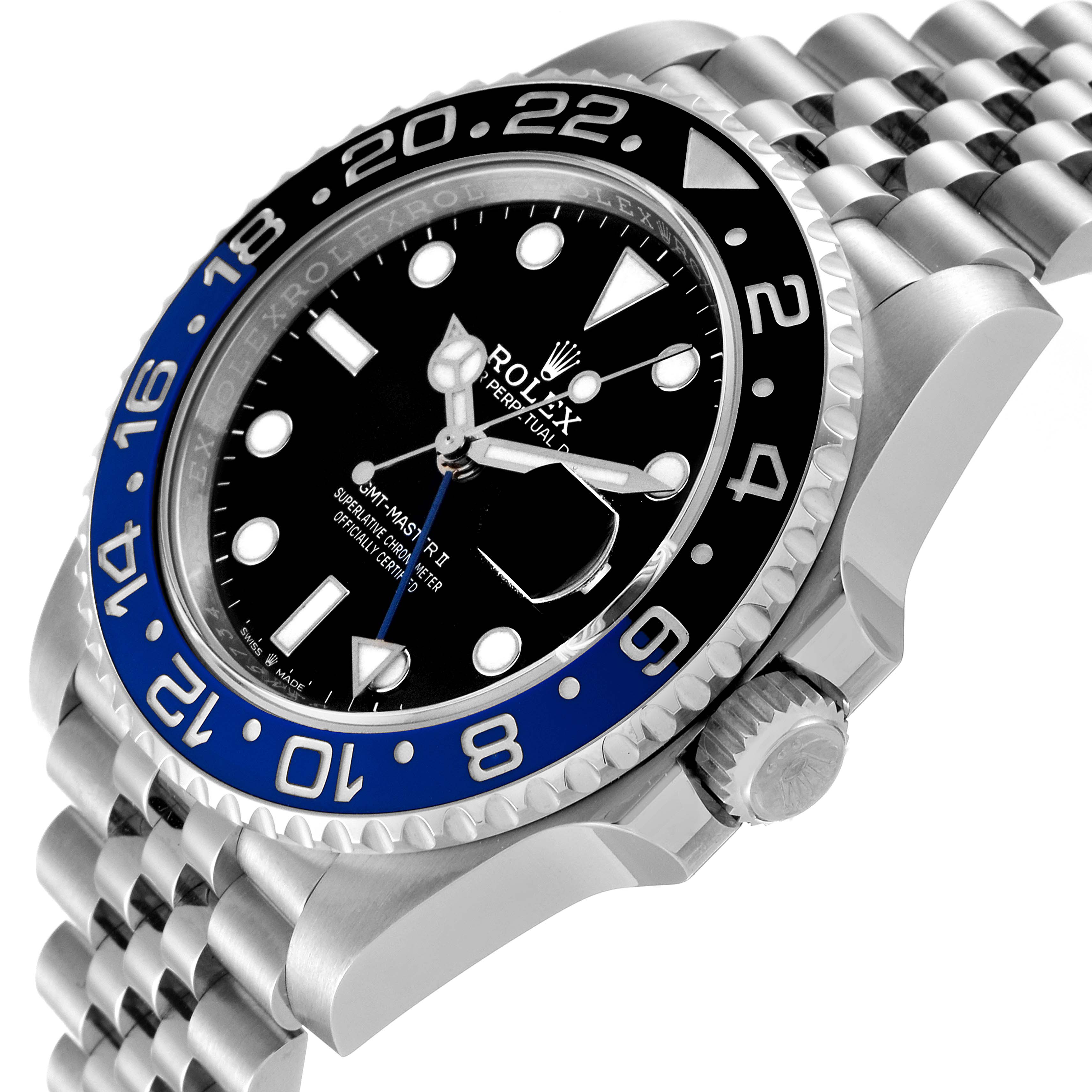 The image shows a close-up angle of the face and crown of the Rolex GMT-Master 126710 Men's Stainless Steel Black Dial 126710 Men's Stainless Steel Black Dial watch, highlighting the bezel and part of the bracelet.