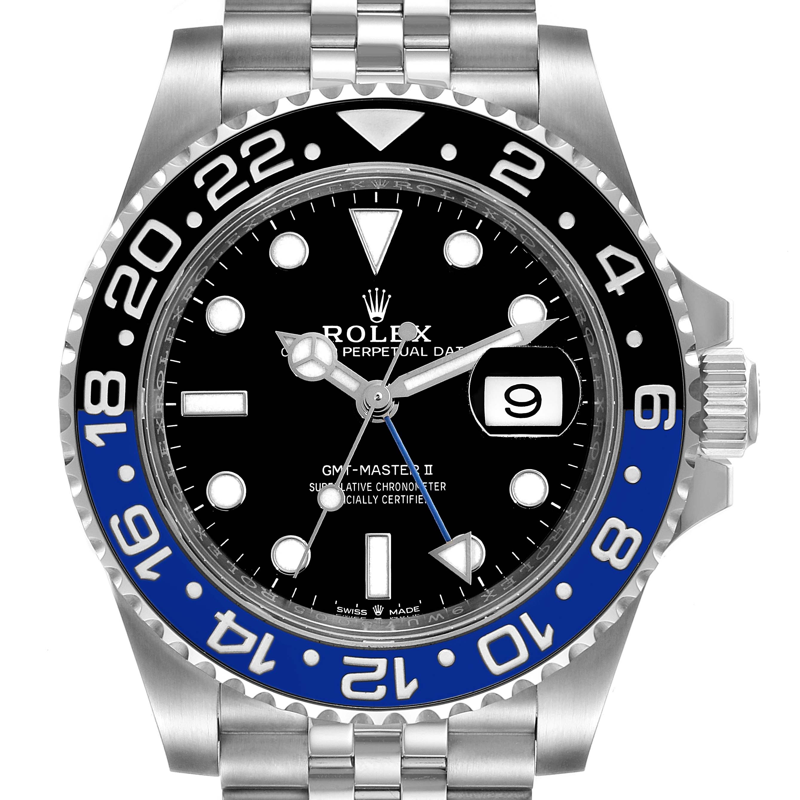 The image shows a front view of the Rolex GMT-Master 126710 Men's Stainless Steel Black Dial 126710 Men's Stainless Steel Black Dial II watch, highlighting the bezel, dial, hands, and date display.