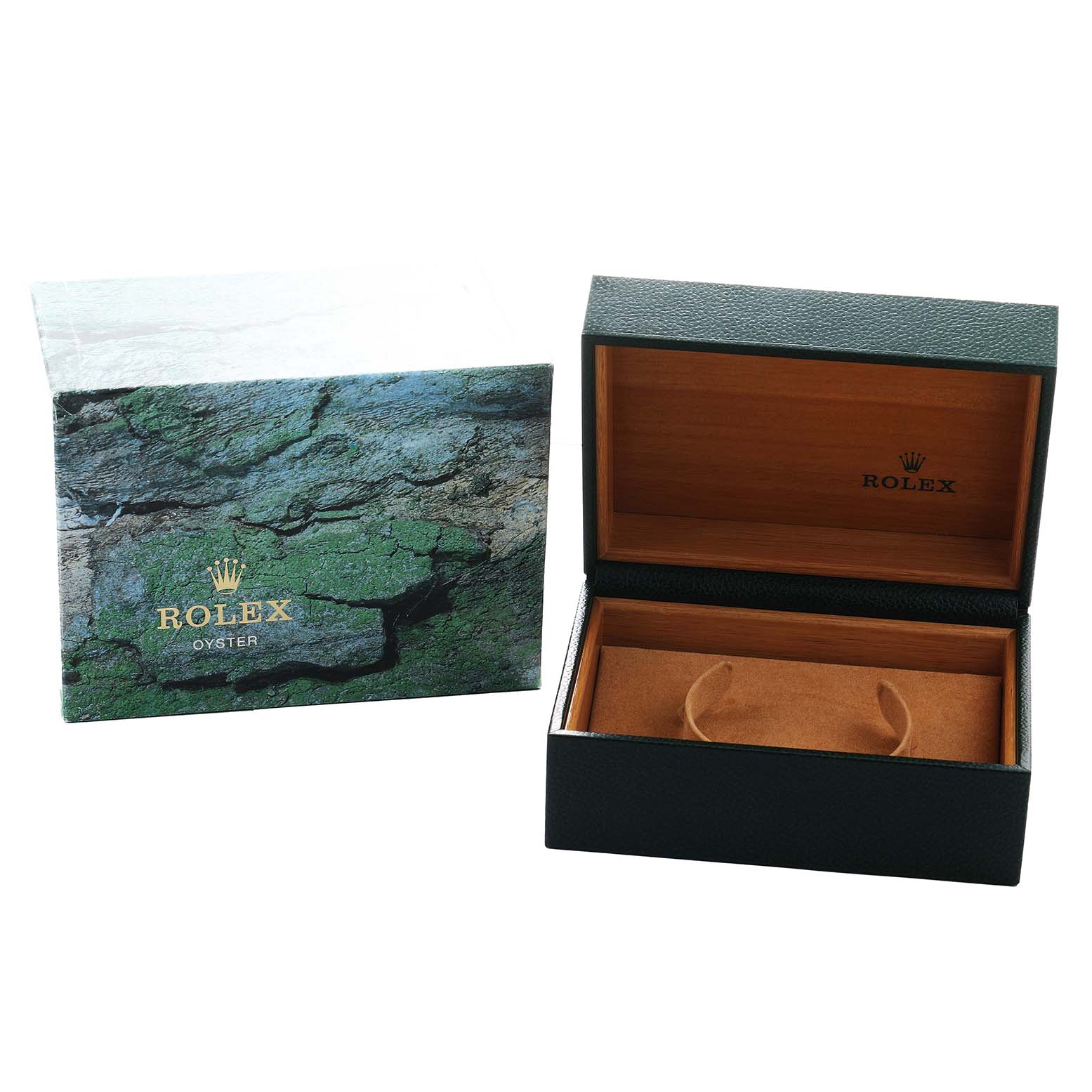 The image shows an open Rolex GMT-Master 16710 Men's Stainless Steel Black Dial watch box with a protective outer box, viewed from the front.