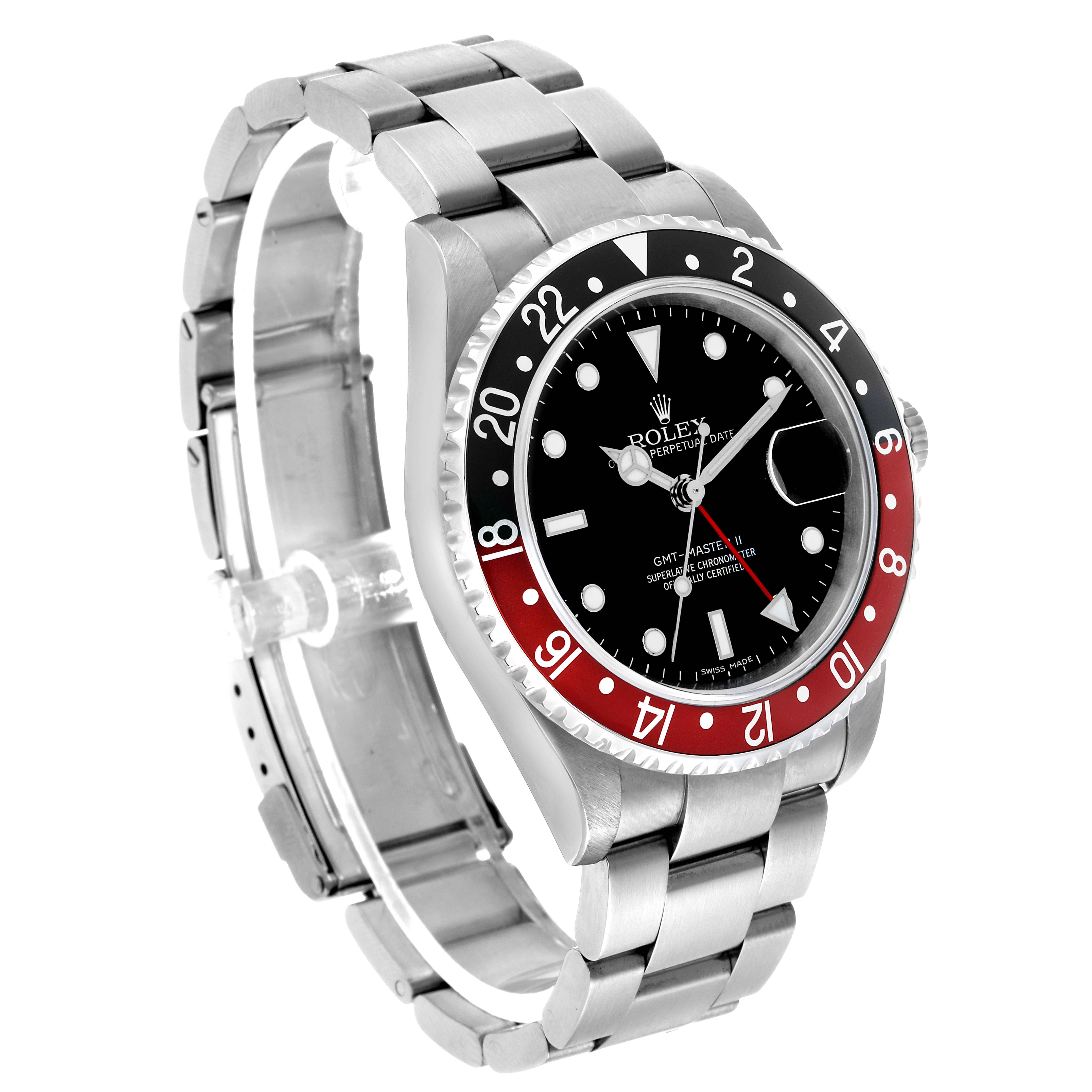 The Rolex GMT-Master 16710 Men's Stainless Steel Black Dial watch is shown at a slight side angle, displaying the bezel, dial, and partially opened metal bracelet.