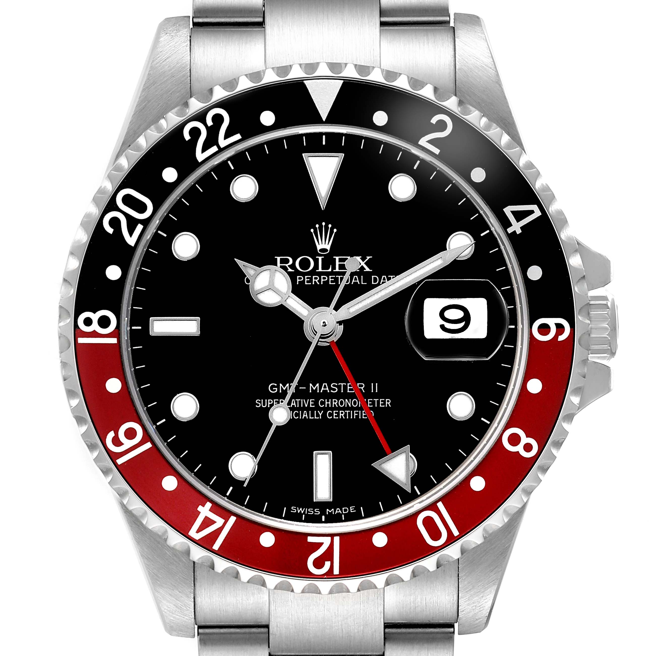 The Rolex GMT-Master 16710 Men's Stainless Steel Black Dial watch is shown from a front angle, displaying the bezel, dial, and bracelet.
