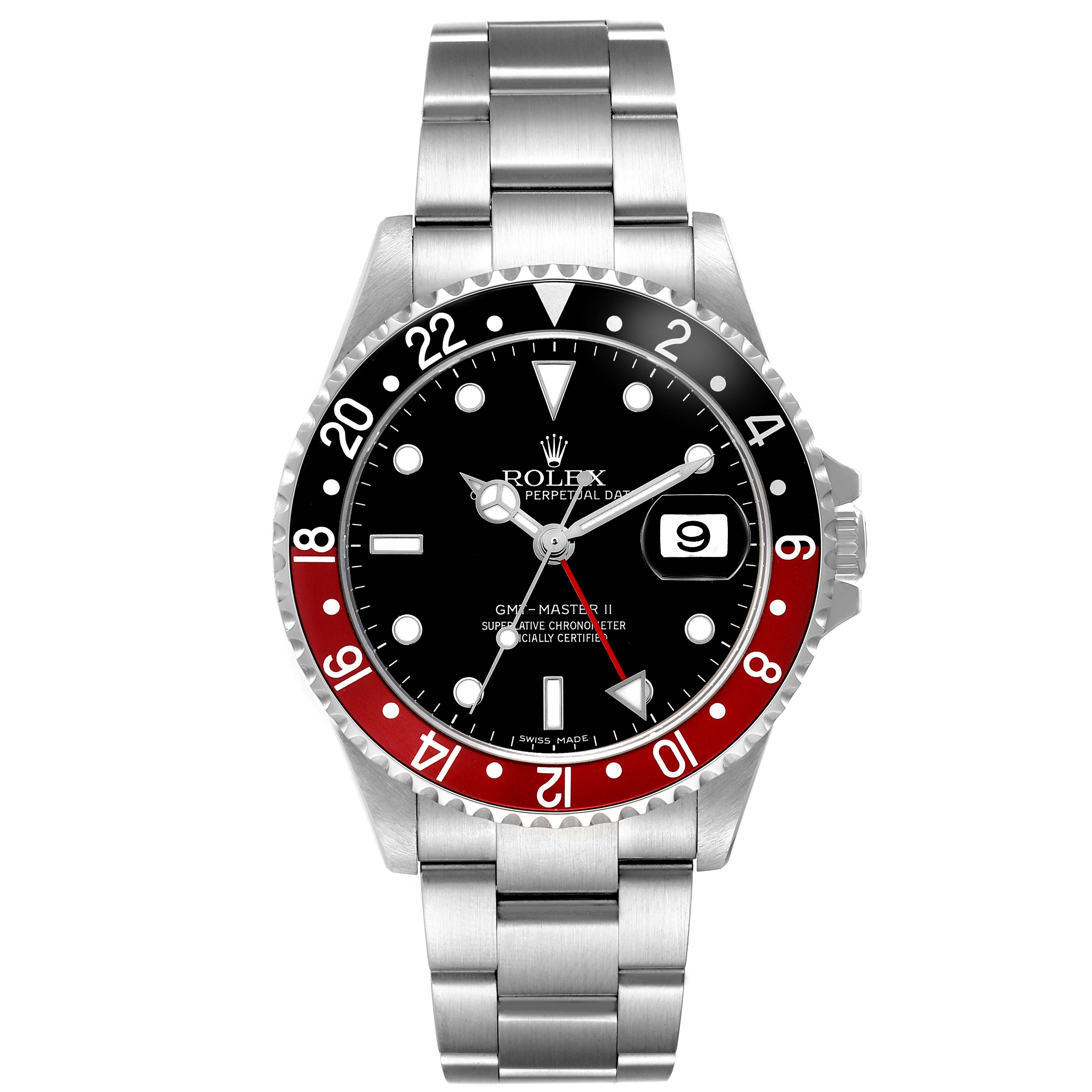 The Rolex GMT-Master 16710 Men's Stainless Steel Black Dial watch is shown from a front angle, highlighting the bezel, dial, and bracelet.
