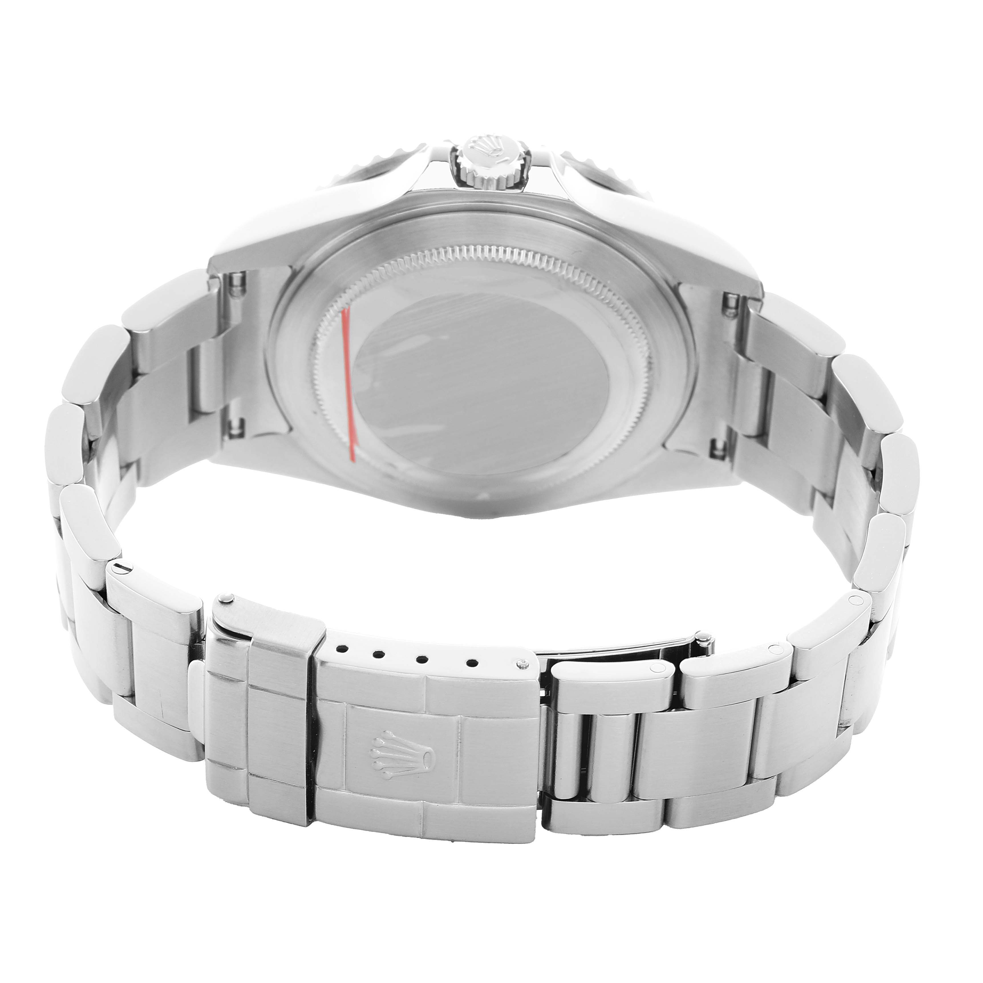 The image shows the back case and bracelet of the Rolex GMT-Master 16710 Men's Stainless Steel Black Dial watch from a rear angle.