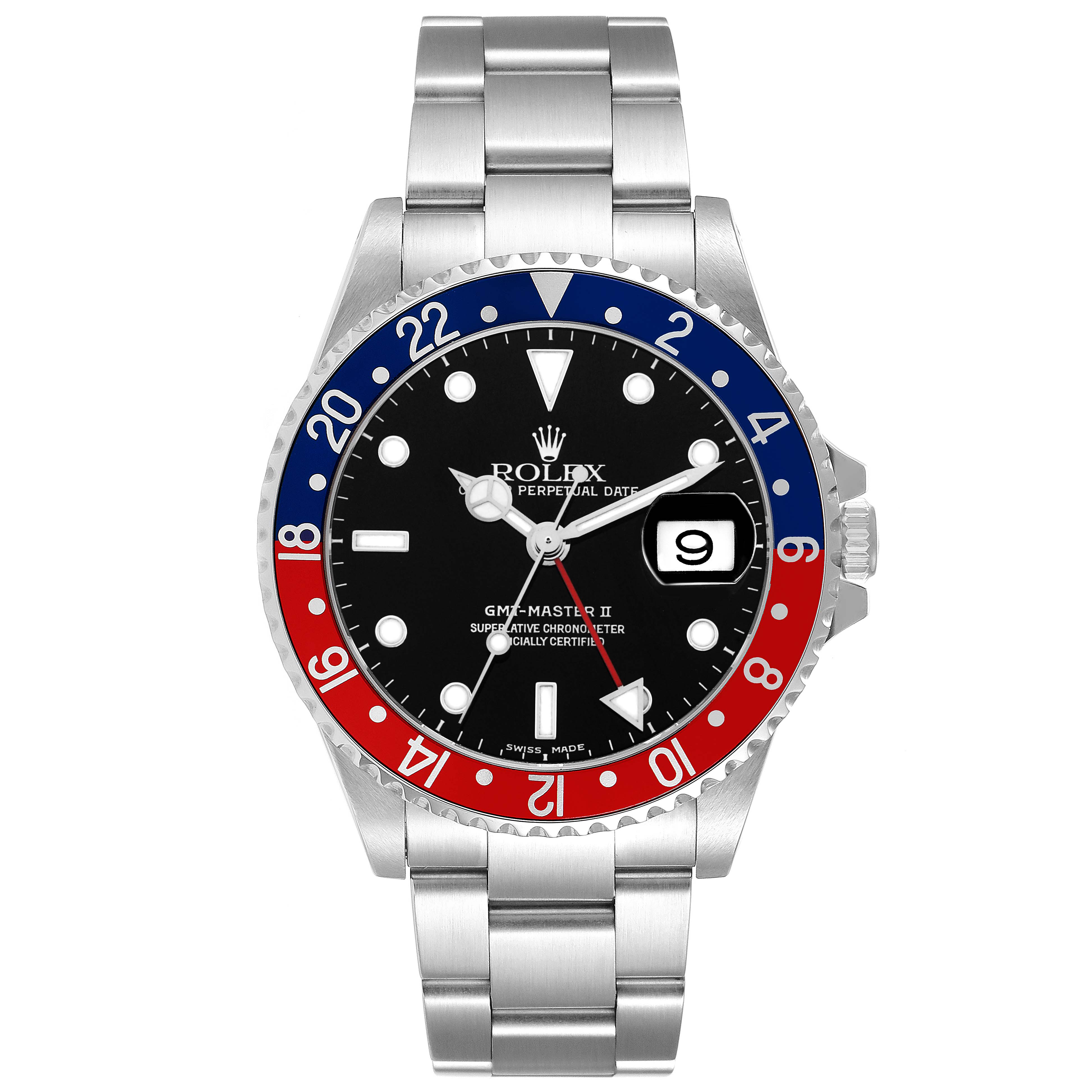 The Rolex GMT-Master 16710 Men's Stainless Steel Black Dial watch is shown from the front, revealing its dial, bezel, and bracelet.