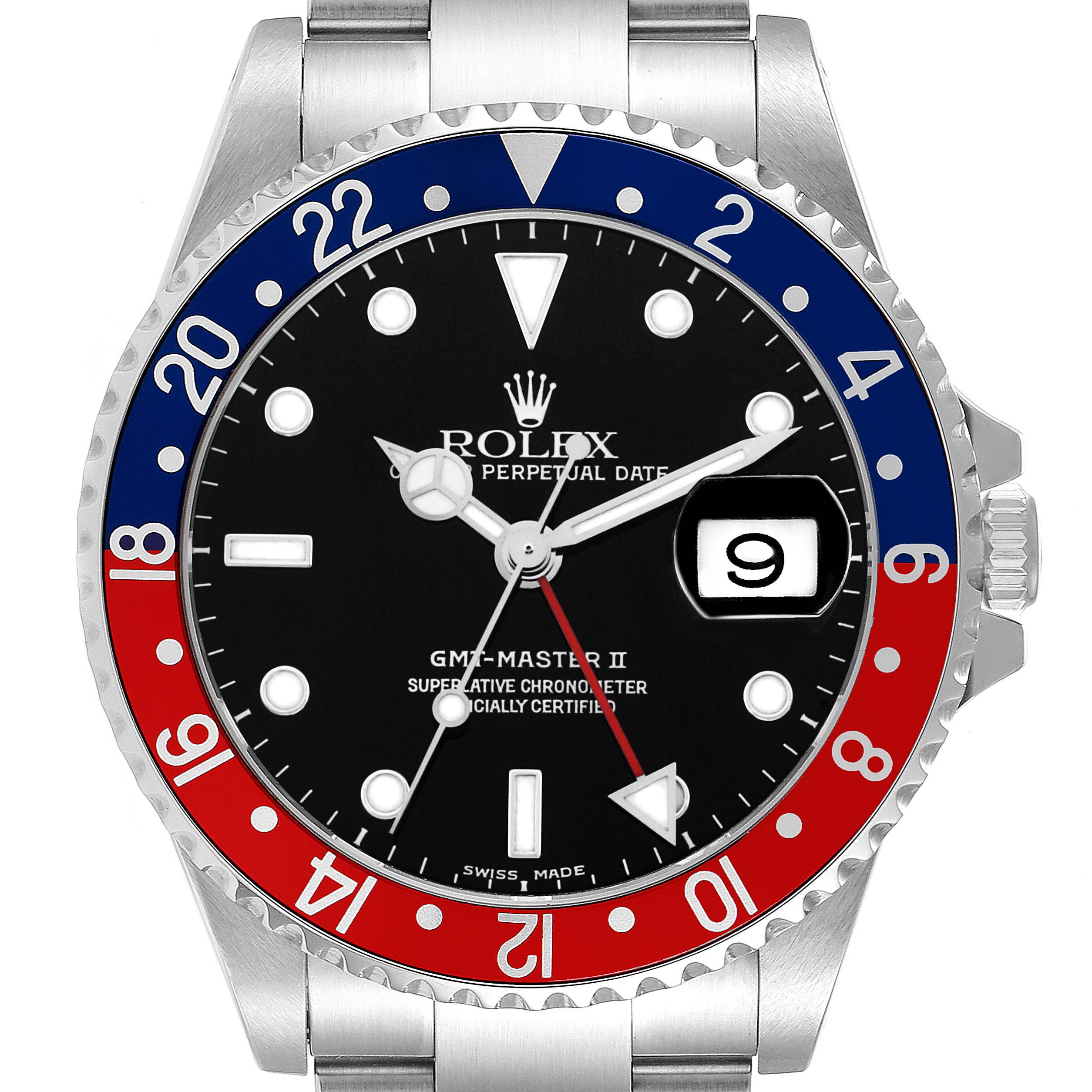 The Rolex GMT-Master 16710 Men's Stainless Steel Black Dial watch is shown from the front, displaying its bezel, dial, hands, and date window clearly.