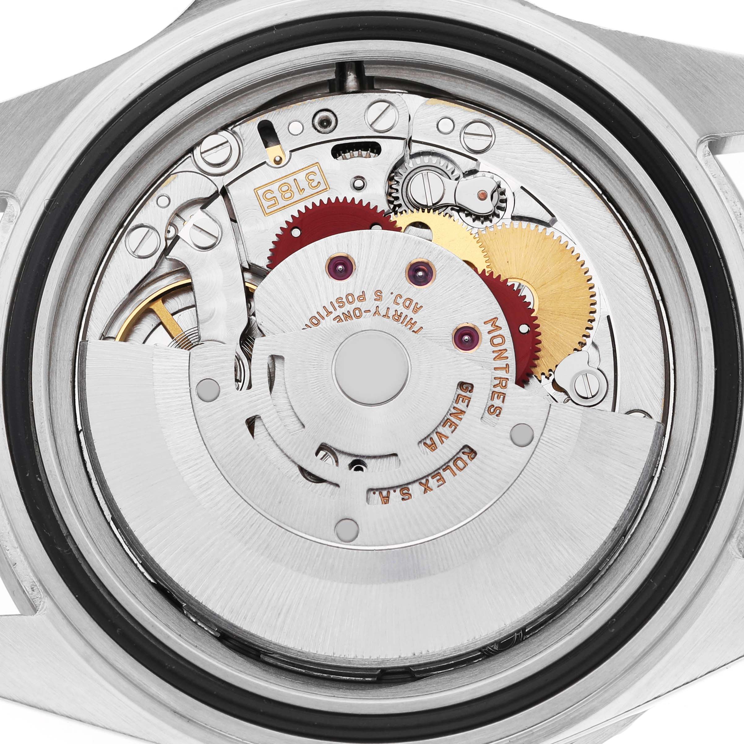 This image shows the movement of a Rolex GMT-Master 16710 Men's Stainless Steel Black Dial from the back, highlighting gears and the rotor.