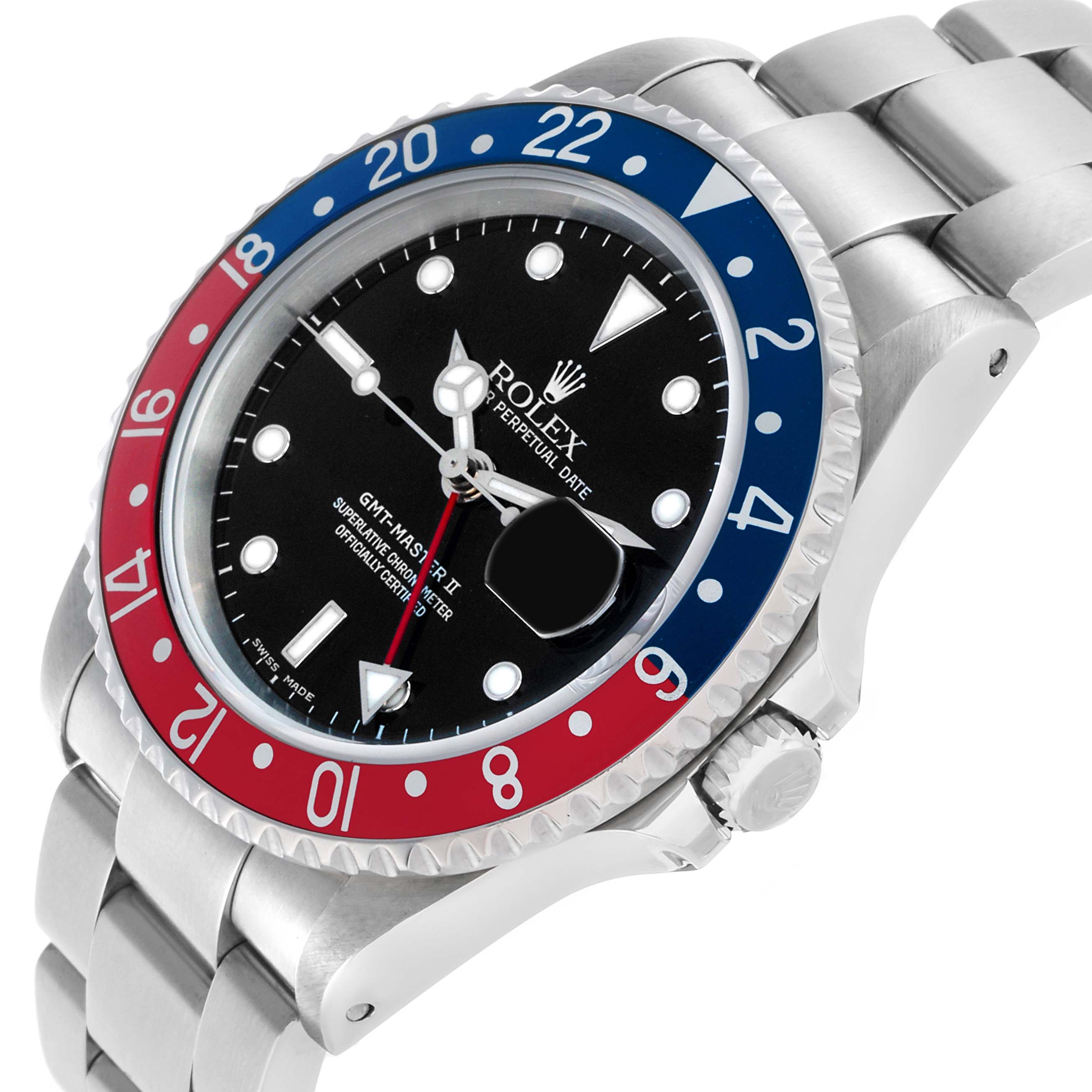 The Rolex GMT-Master 16710 Men's Stainless Steel Black Dial watch is shown at an angled view, highlighting the bezel, face, and part of the bracelet.