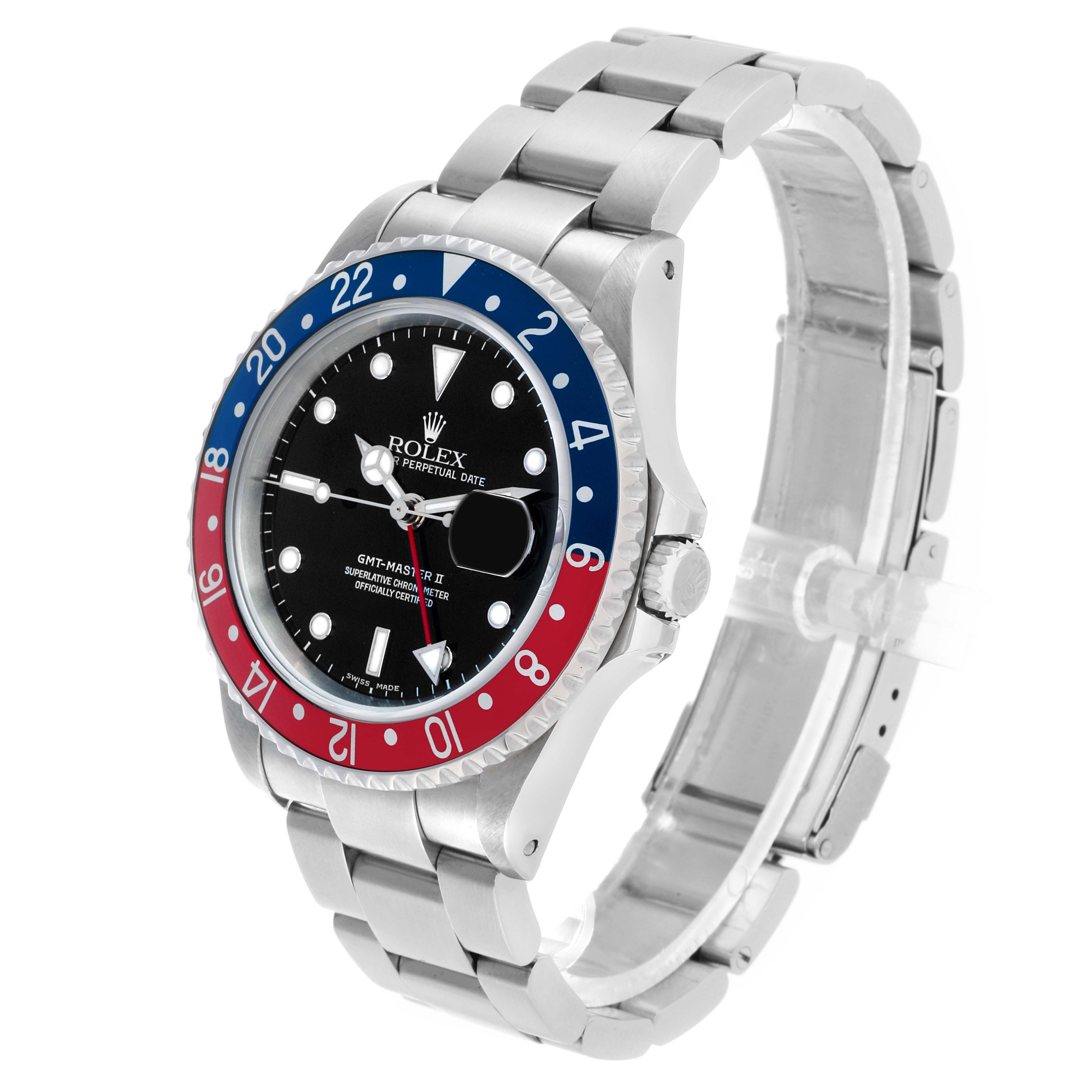 The Rolex GMT-Master 16710 Men's Stainless Steel Black Dial watch is shown at a three-quarter angle, highlighting the bezel, dial, and bracelet.