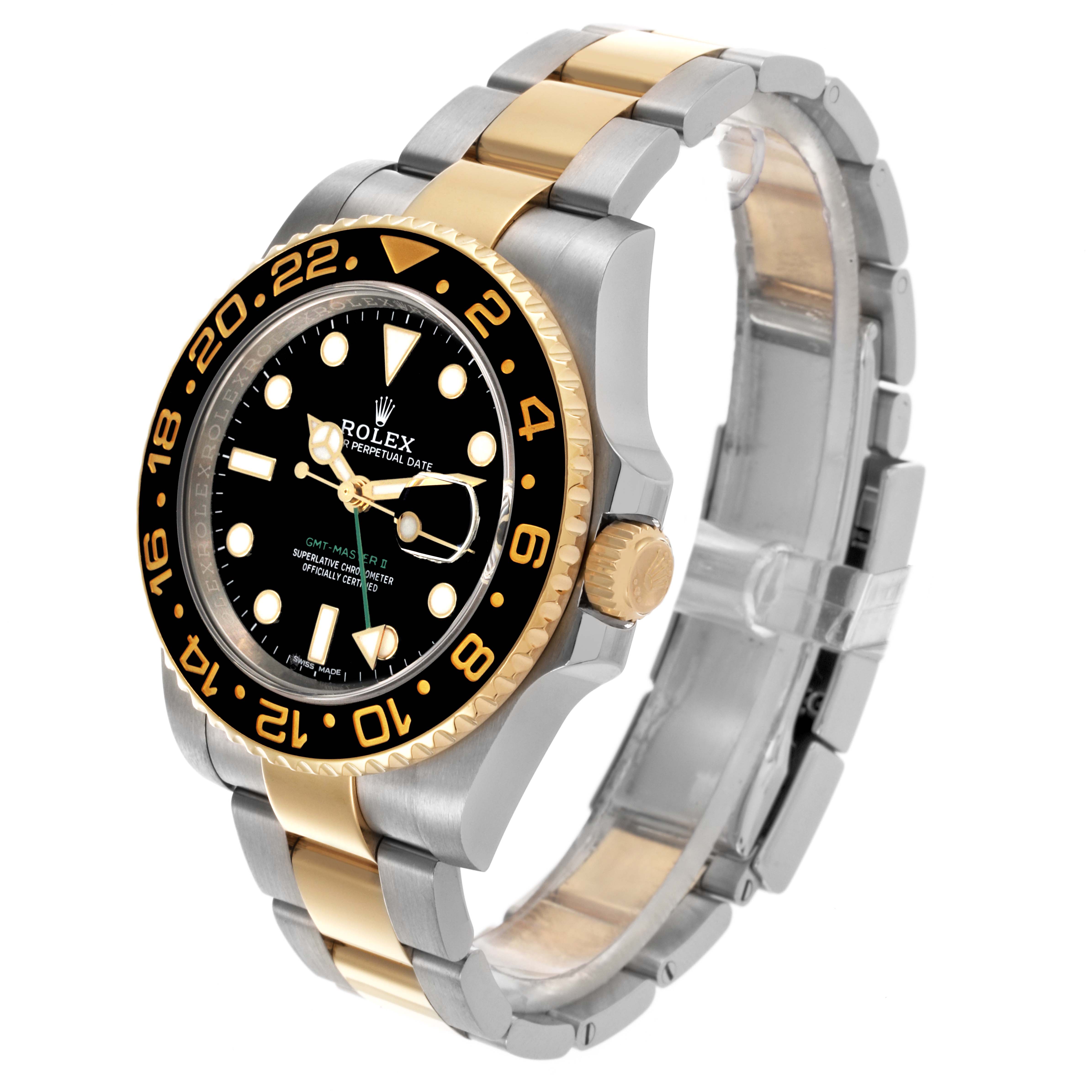 The Rolex GMT-Master 116713LN Men's Steel and Gold (two tone) Black Dial 116713LN Men's Steel and Gold (two tone) Black Dial watch is shown at a three-quarter angle, displaying the dial, gold bezel, and two-tone bracelet.