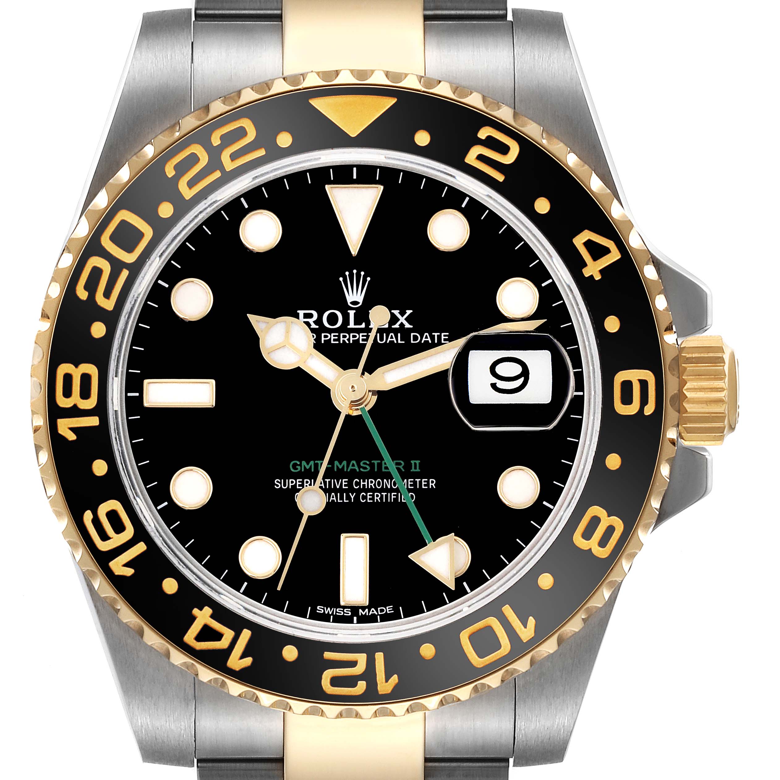 The Rolex GMT-Master 116713LN Men's Steel and Gold (two tone) Black Dial 116713LN Men's Steel and Gold (two tone) Black Dial watch is shown from a front angle, highlighting its face, bezel, and crown.