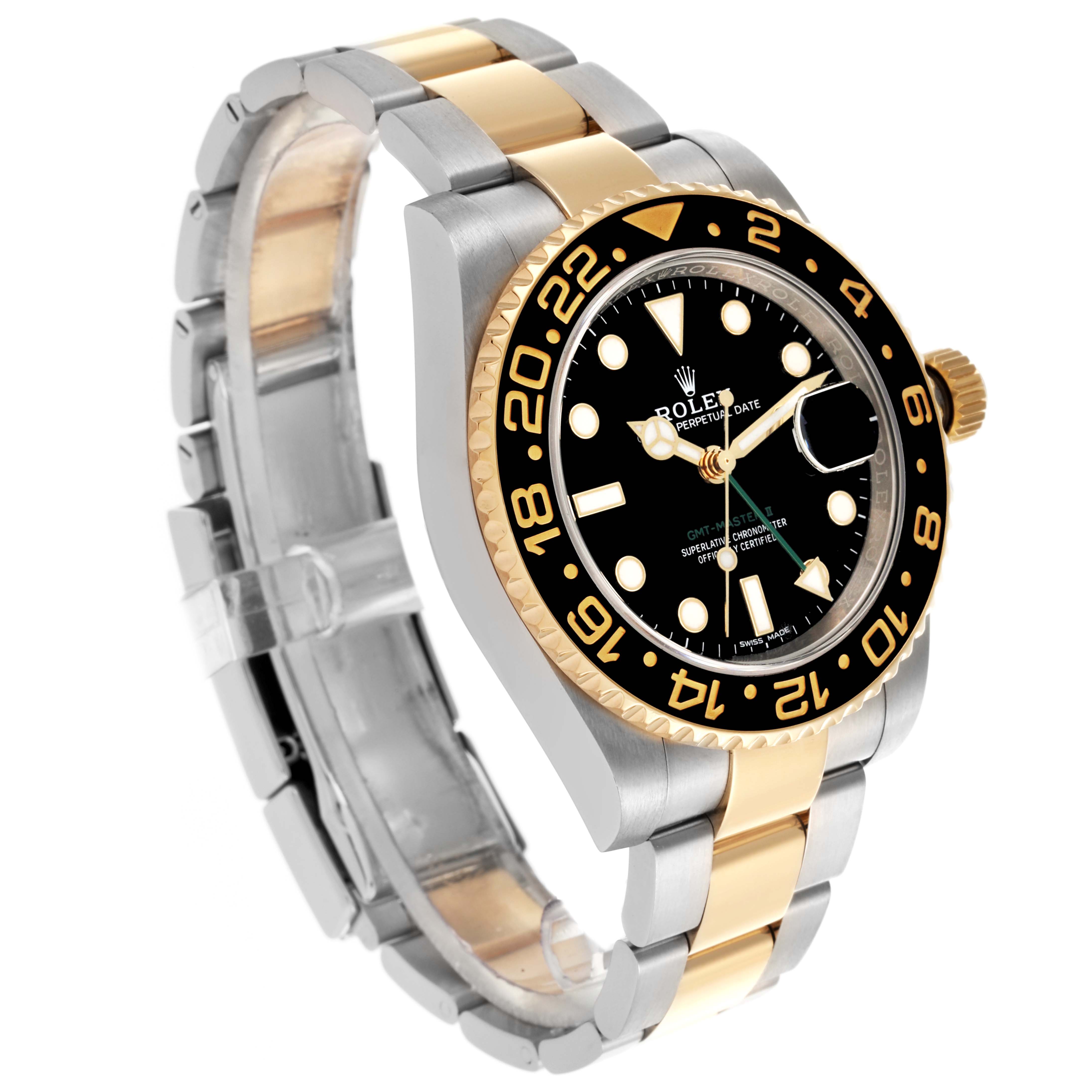 The Rolex GMT-Master 116713LN Men's Steel and Gold (two tone) Black Dial 116713LN Men's Steel and Gold (two tone) Black Dial is shown at a three-quarter angle, highlighting the bezel, dial, and two-tone bracelet.
