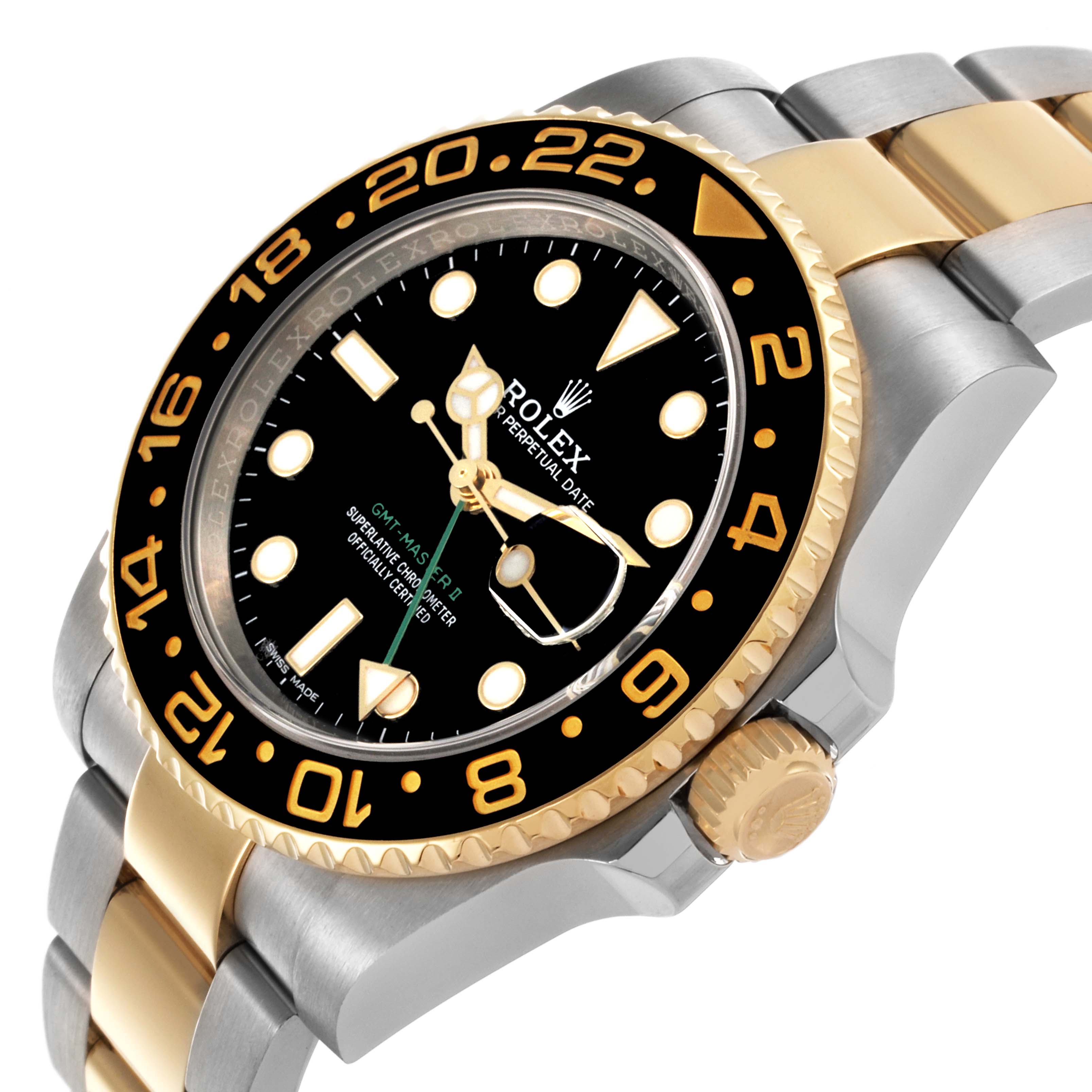 The Rolex GMT-Master 116713LN Men's Steel and Gold (two tone) Black Dial 116713LN Men's Steel and Gold (two tone) Black Dial watch is shown at a slight angle, displaying the face, bezel, crown, and part of the bracelet.