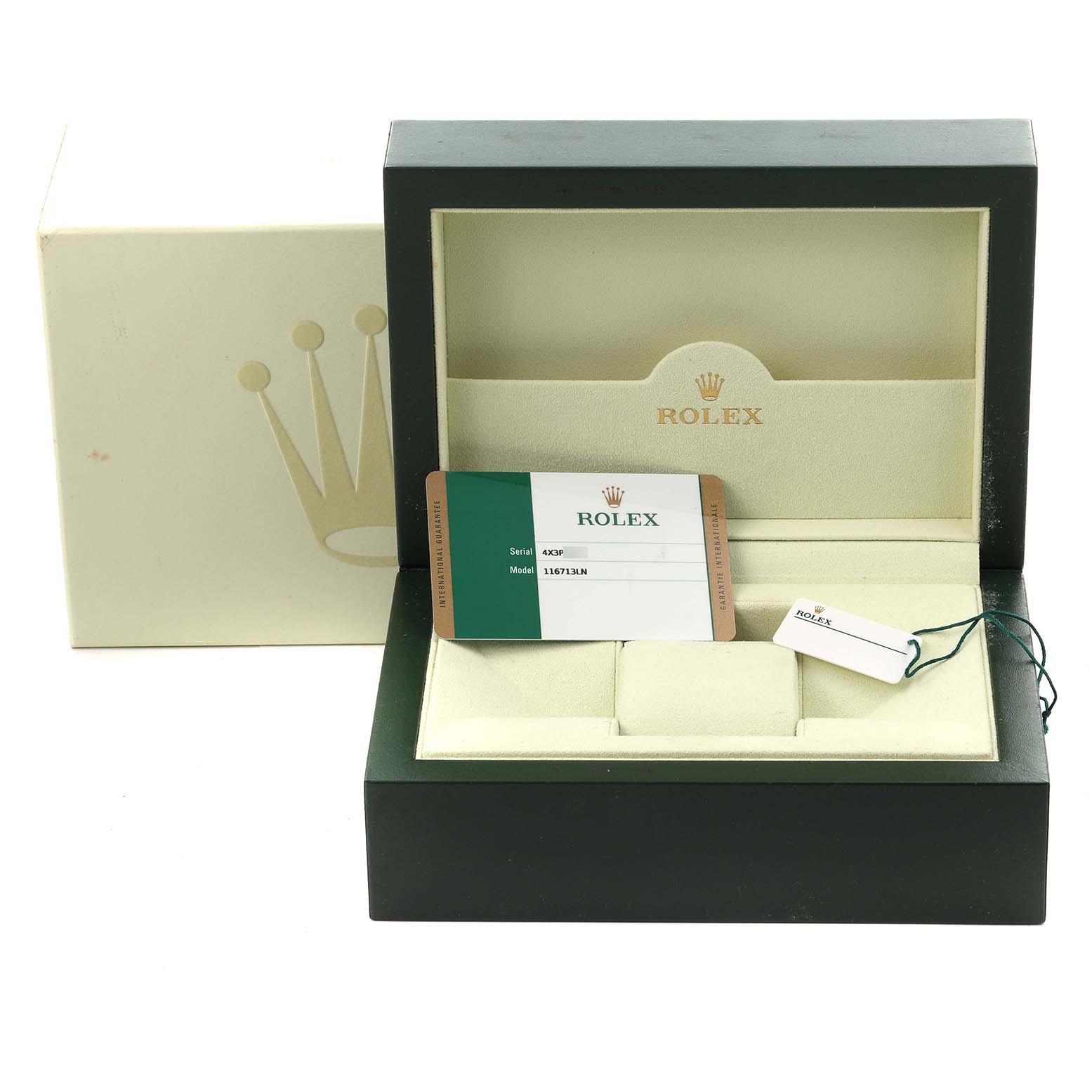 The image shows an open Rolex GMT-Master 116713LN Men's Steel and Gold (two tone) Black Dial 116713LN Men's Steel and Gold (two tone) Black Dial box with a tag and card inside.