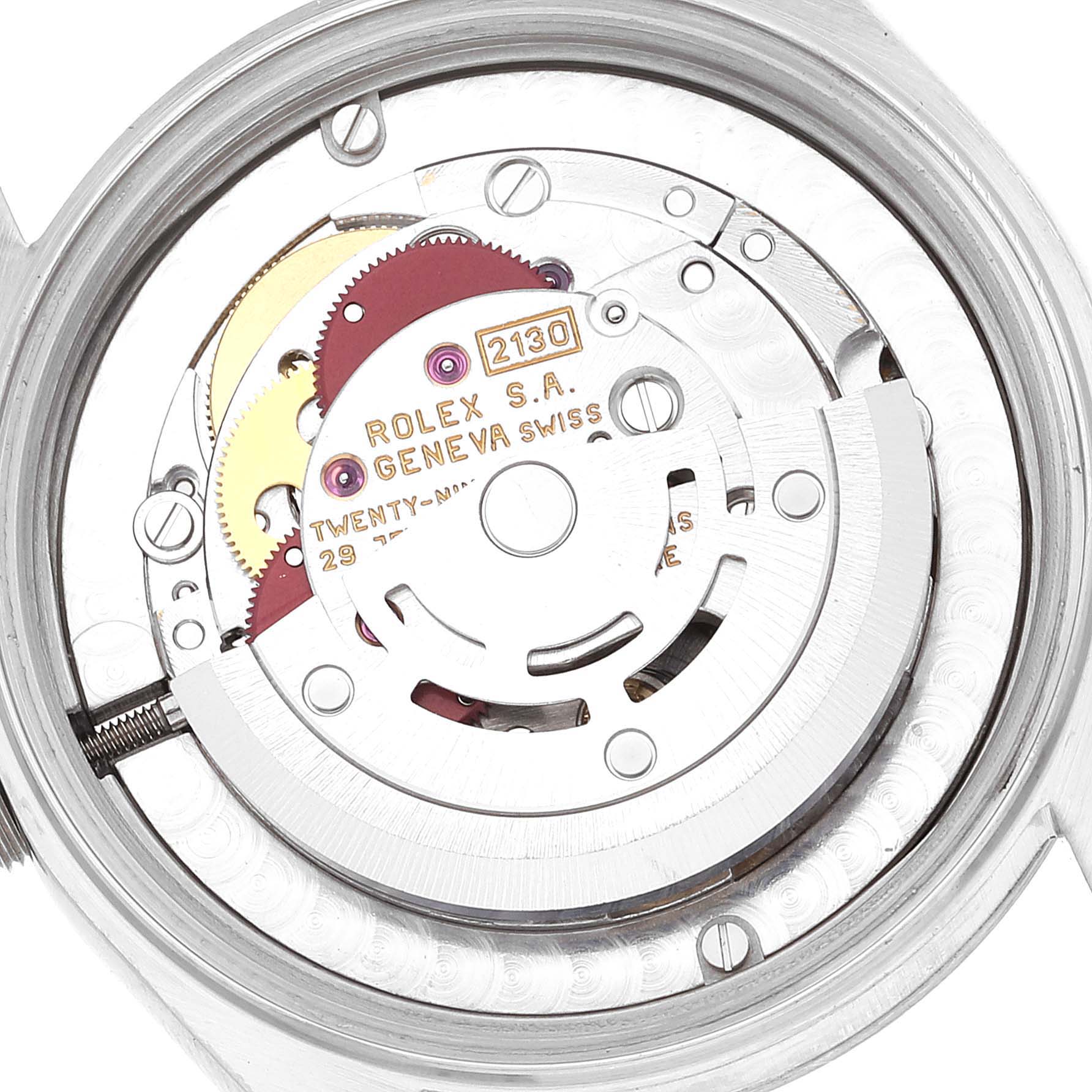 This image shows the intricate mechanical movement and inner components of a Rolex Mid-Size 67514 Women
s Stainless Steel Blue Dial 67514 Women
s Stainless Steel Blue Dial watch, viewed from the back.