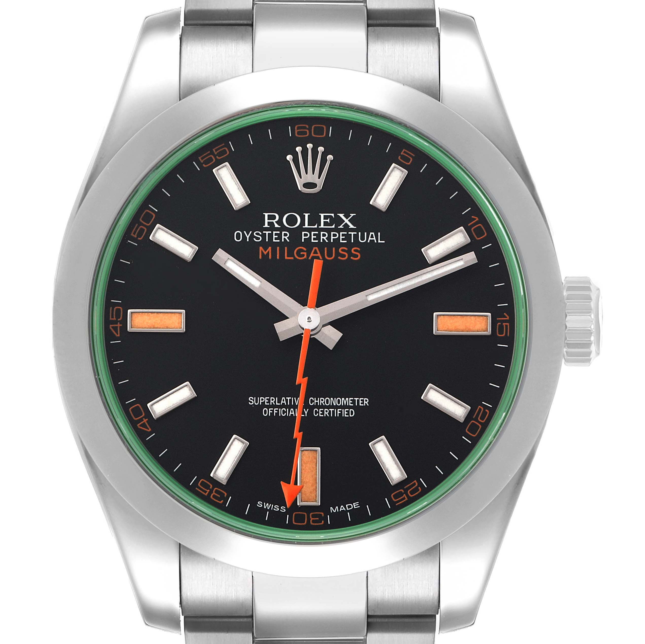 The image shows a frontal view of the Rolex Milgauss 116400GV Men's Stainless Steel Black Dial, highlighting the face, hands, and bezel.
