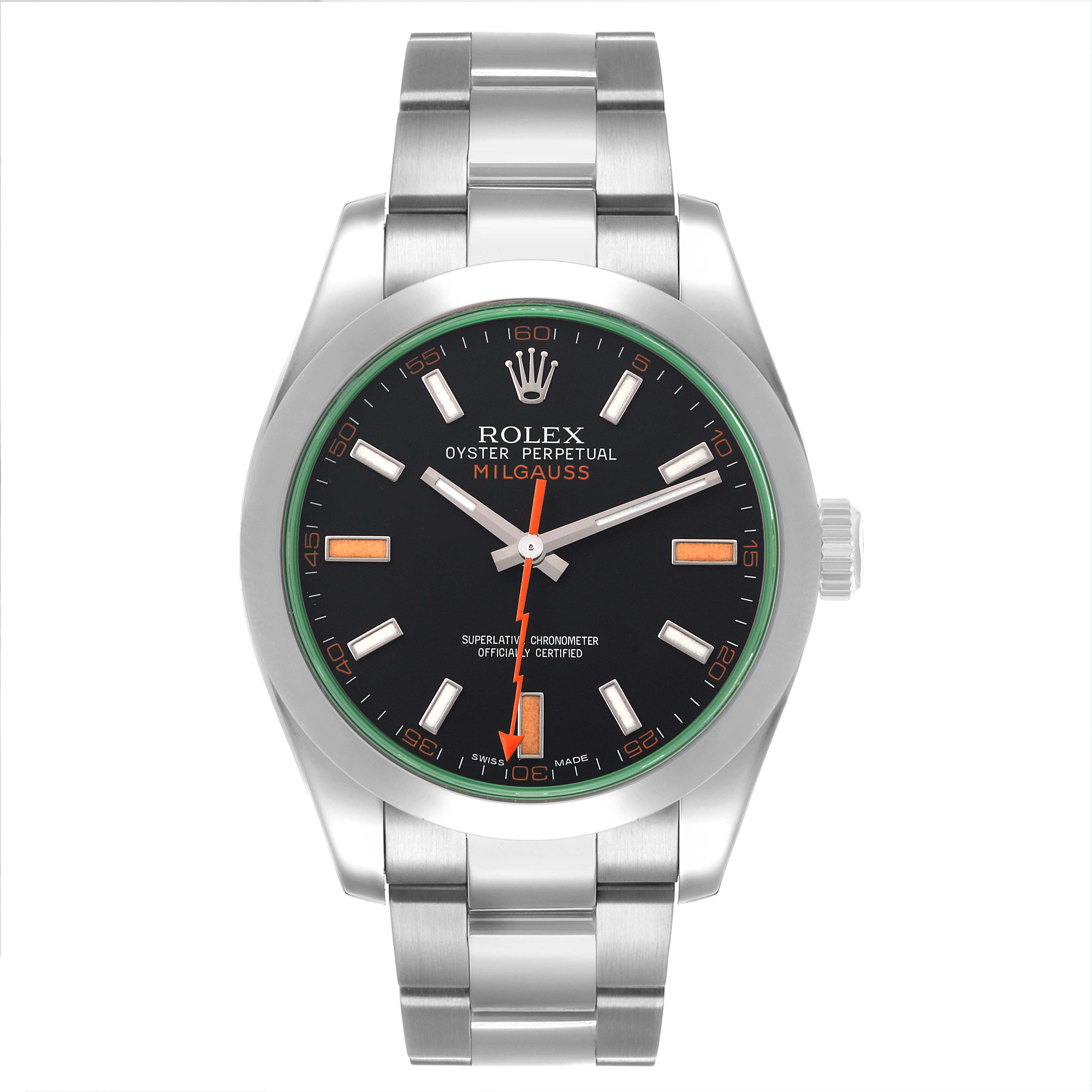 The image shows a Rolex Milgauss 116400GV Men's Stainless Steel Black Dial watch from a front angle, displaying the face, bezel, lugs, bracelet, and crown.