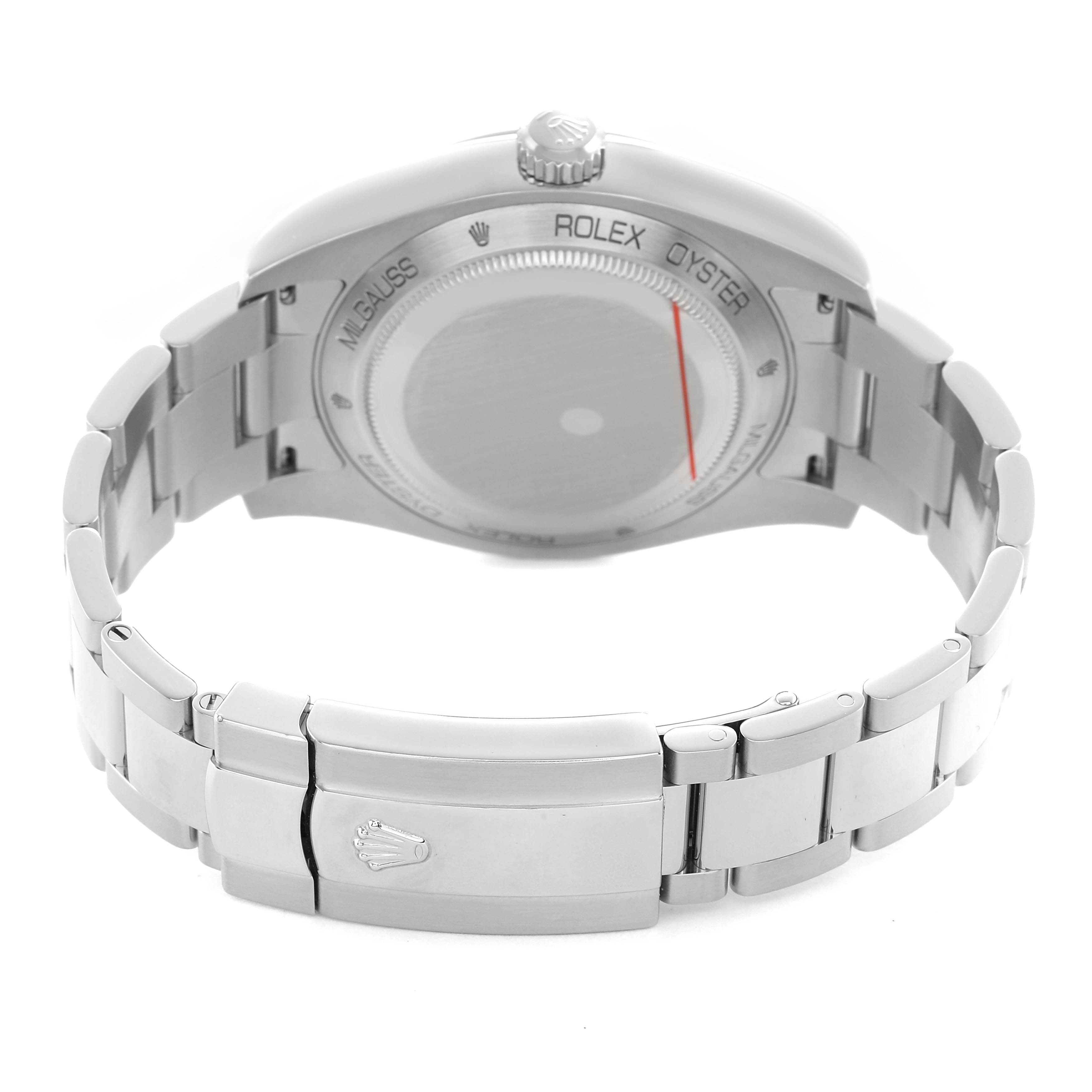 The image shows the Rolex Milgauss 116400GV Men's Stainless Steel Black Dial watch from the back, highlighting the case back and stainless steel bracelet with the clasp.