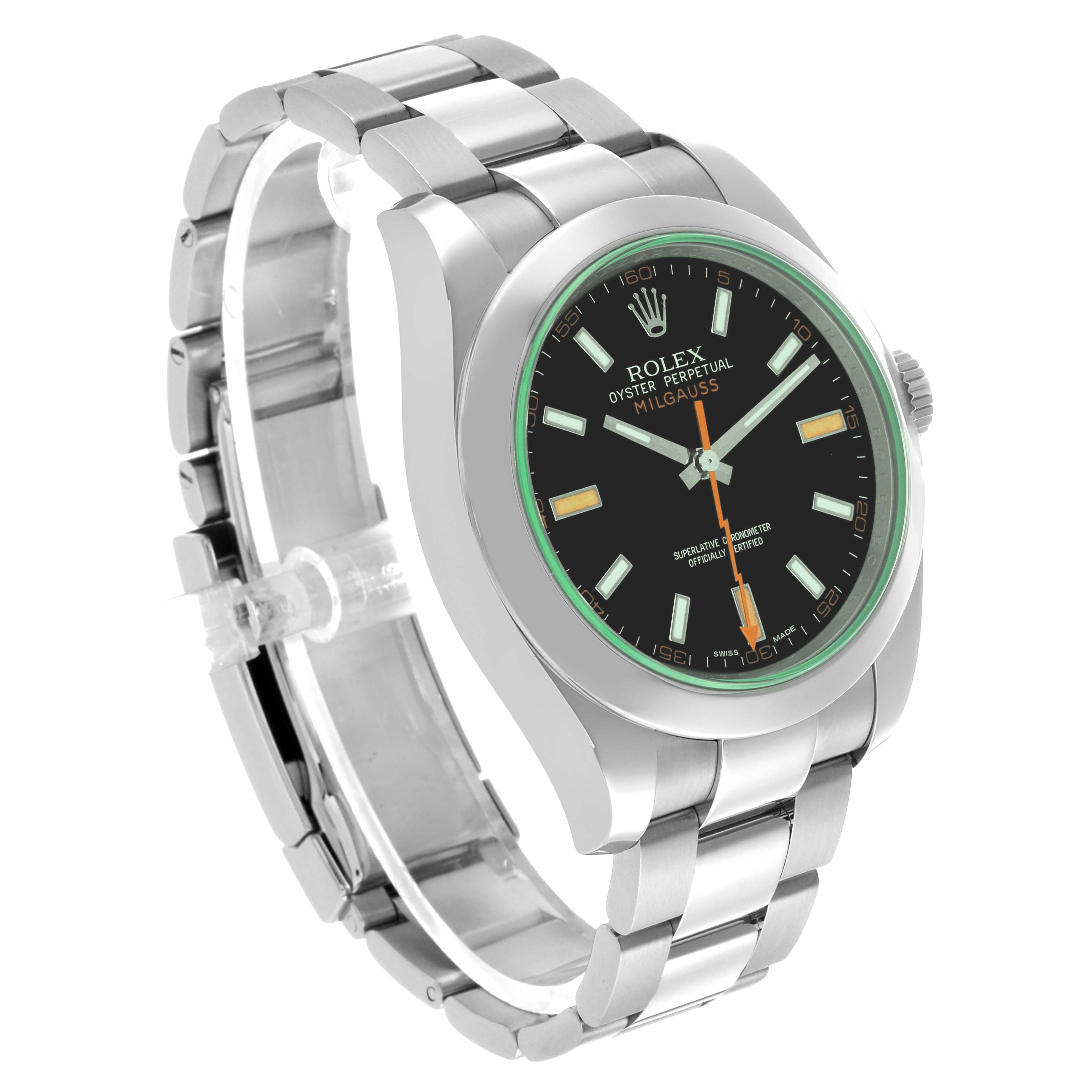 The Rolex Milgauss 116400GV Men's Stainless Steel Black Dial watch is shown from a three-quarter angle, displaying the face, bezel, bracelet, and clasp.