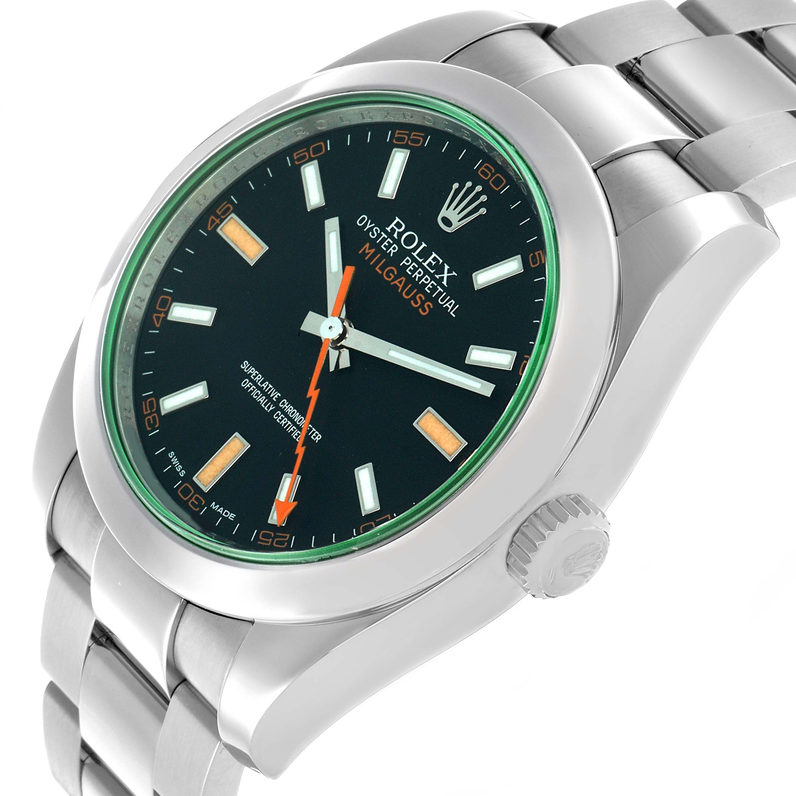 The Rolex Milgauss 116400GV Men's Stainless Steel Black Dial watch is shown at an angled view highlighting the dial, crown, and stainless steel bracelet.
