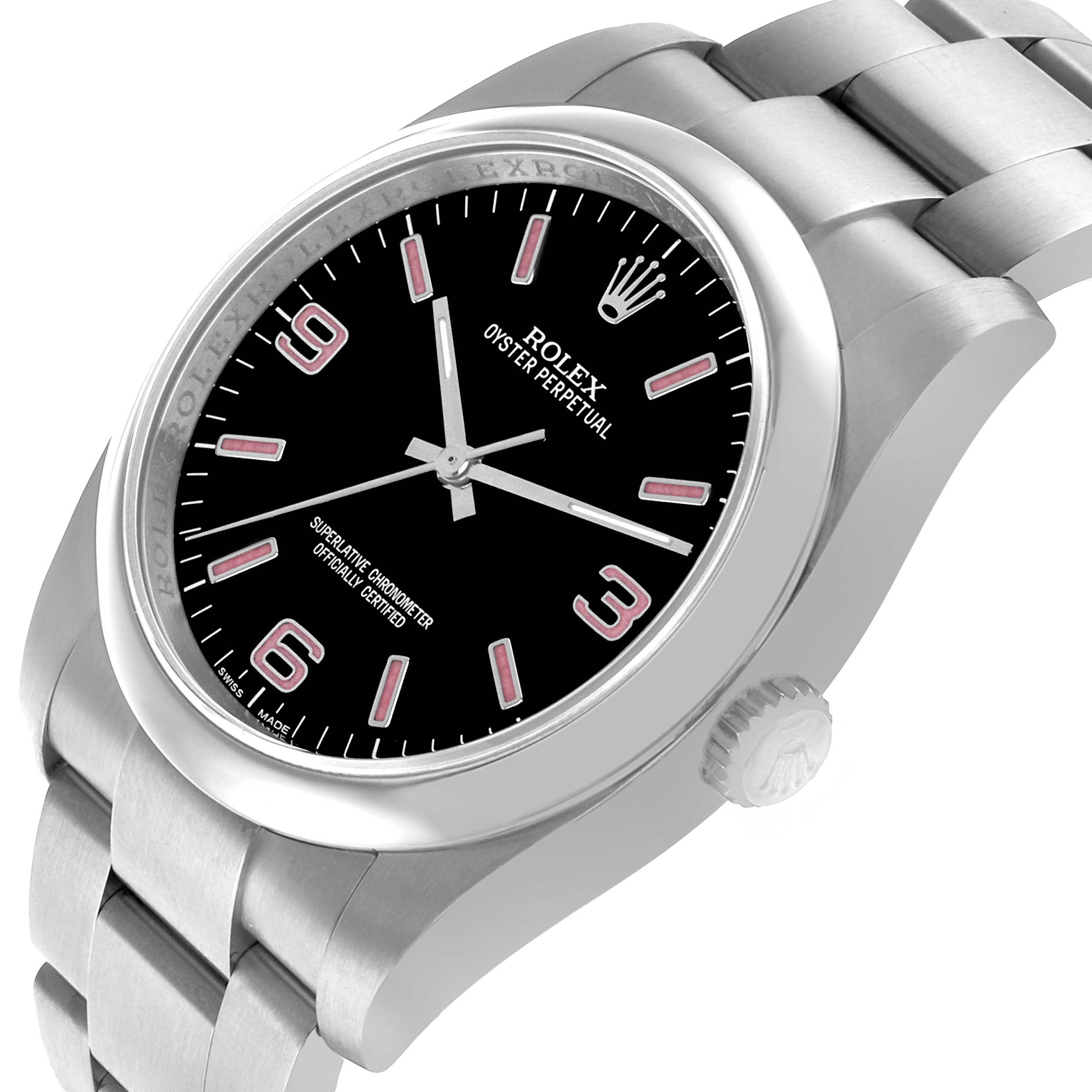 The Rolex Oyster Perpetual 116000 Men's Stainless Steel Black Dial watch is shown at an angle highlighting the black dial, silver hands, and part of the bracelet and crown.