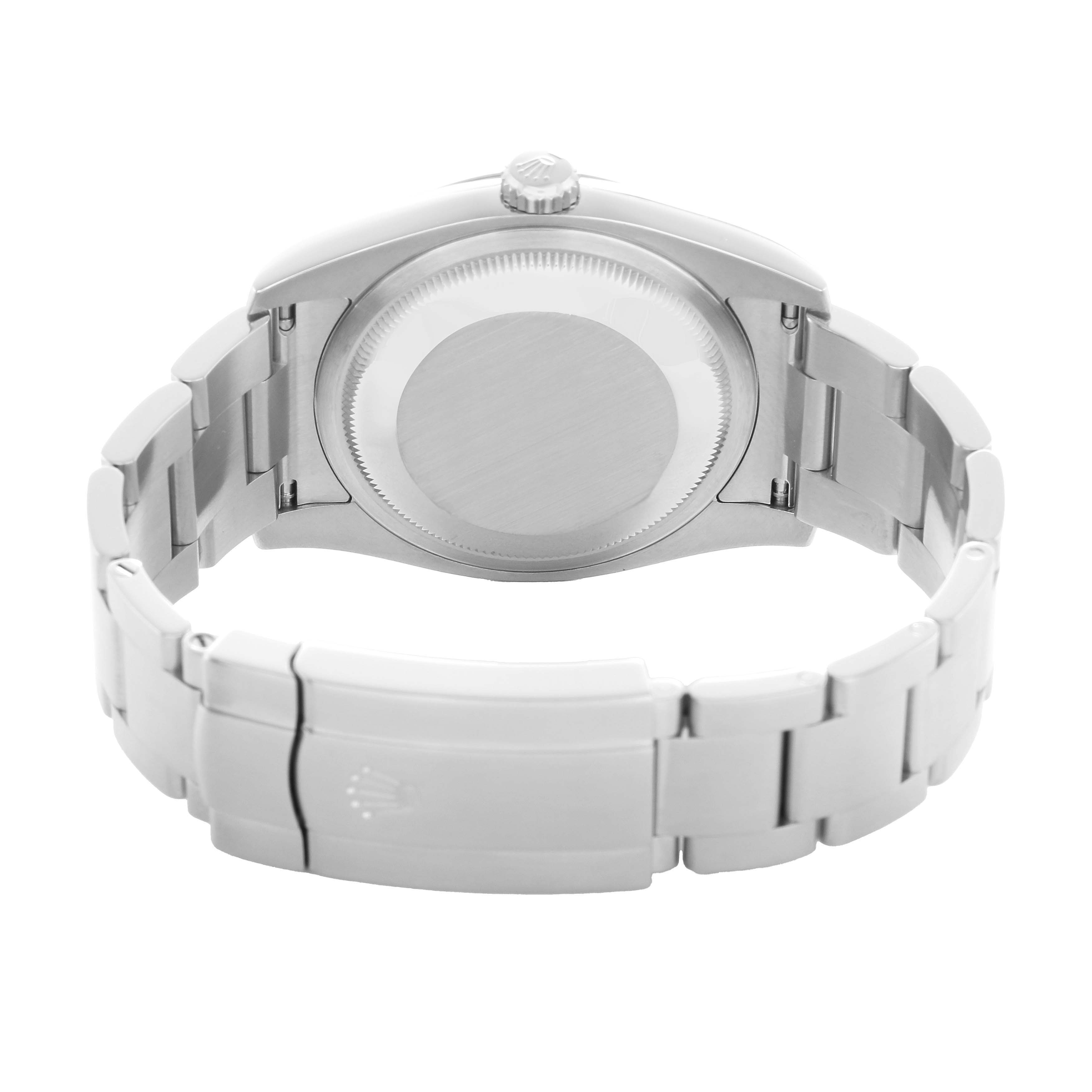 The image shows the back view of a Rolex Oyster Perpetual 116000 Men's Stainless Steel Black Dial, highlighting the case back and bracelet.